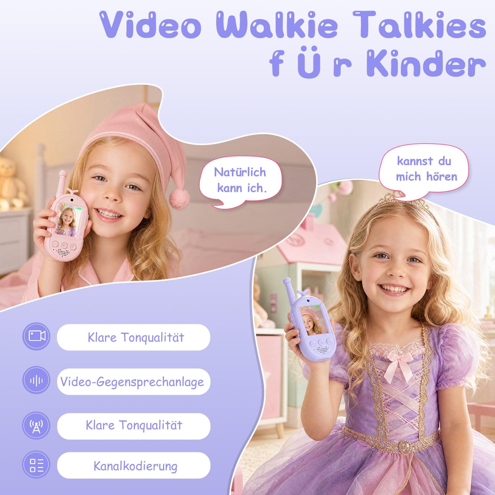 Video Walkie Talkie Bambini, 2 Walkie Talkie Ricaricabili con Display, Comunicazione Radio Bidirezionale, Lunga Portata, Regalo per Bambini e Bambine dai 3 ai 12 Anni. (Rosa + Viola)