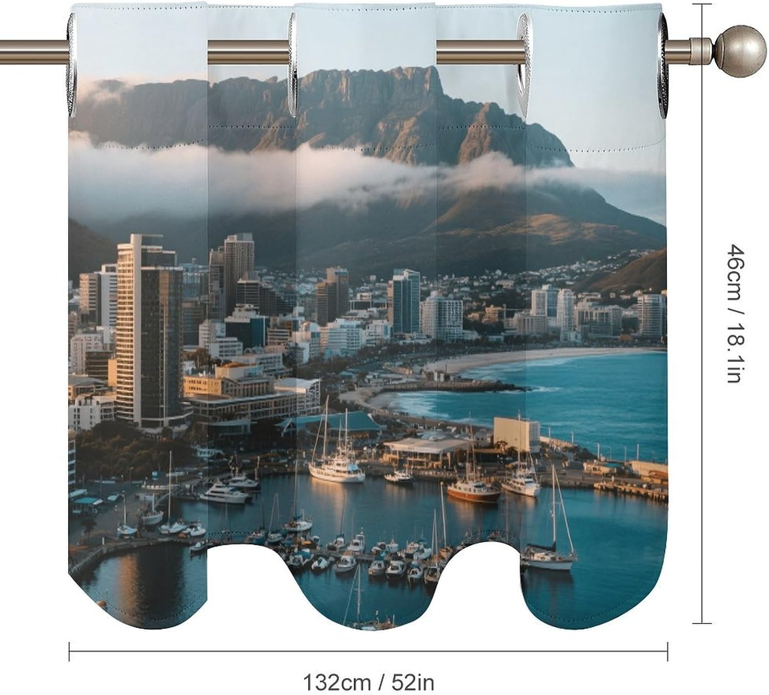 Cape Town City View Curtain 2 Panels, Polyester Fiber, Blackout Insulated Window Curtain, Curtain Valance for Kitchen Dining Room Living Room Cafe Small Window 52 * 18.1 Inches