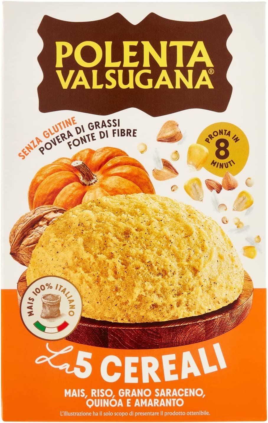 6x Polenta Valsugana mit 5 Körnern schnell 350 g Packung mit Mais Reis, Buchweizen, Quinoa und Amaranth, knusprige und duftende Textur, in wenigen Minuten fertig, glutenfrei