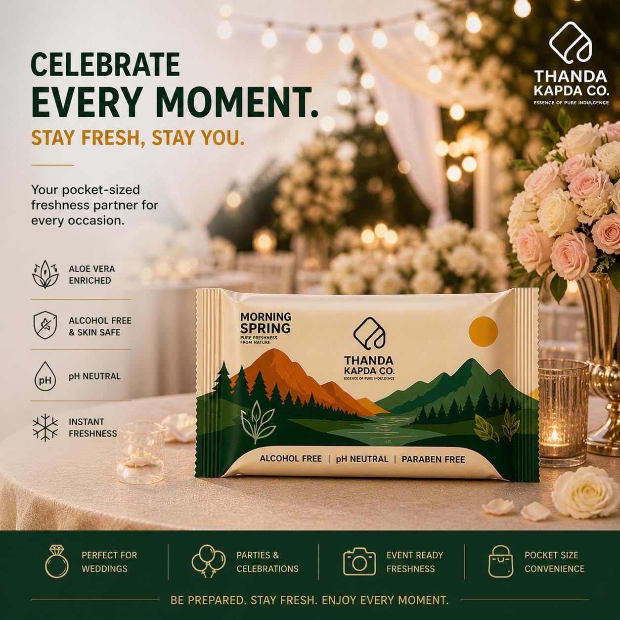 Thanda Kapda Co. Single Sachet Wet Wipes β Gentle, Refreshing & Eco-Friendly | Alcohol Free & Paraben Free for Baby, Women & All Skin Types (100, Large) 2