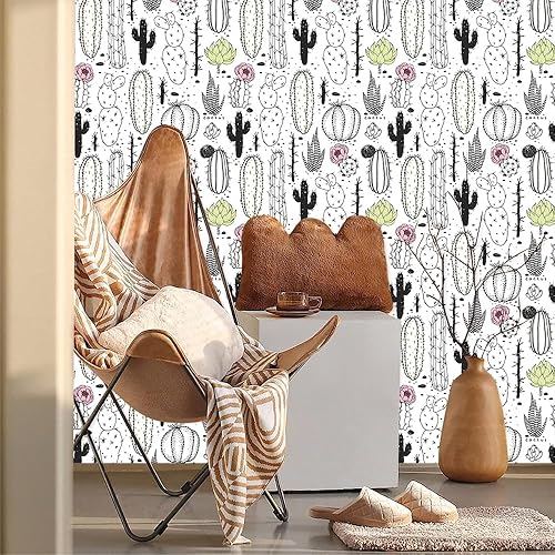 Miniatura 2 de Papel tapiz de 18 x 236 pulgadas, diseño de plantas de cactus en blanco y negro, fácil de despegar, papel de contacto vintage, autoadhesivo,