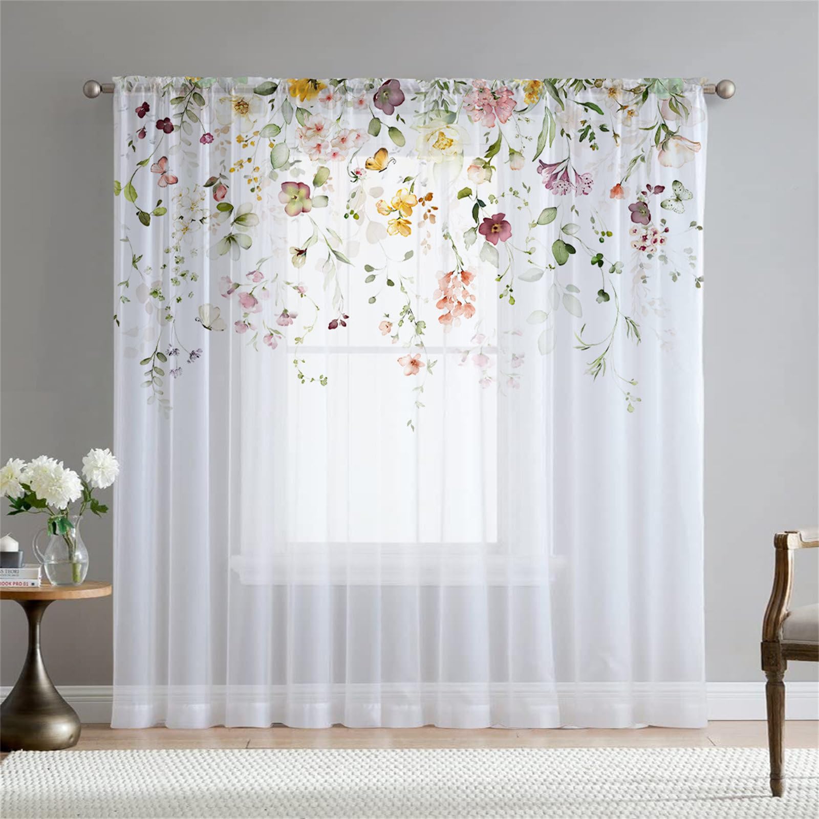 Surwin Translucidas Cortinas Salon, Dormitorio, Cocina - Cortinas y Visillos Estampadas de Estilo Europeo, Visillos Cortos para Ventanas, 2 Piezas Cortina con Ojales (W108xH137cm,Flores)