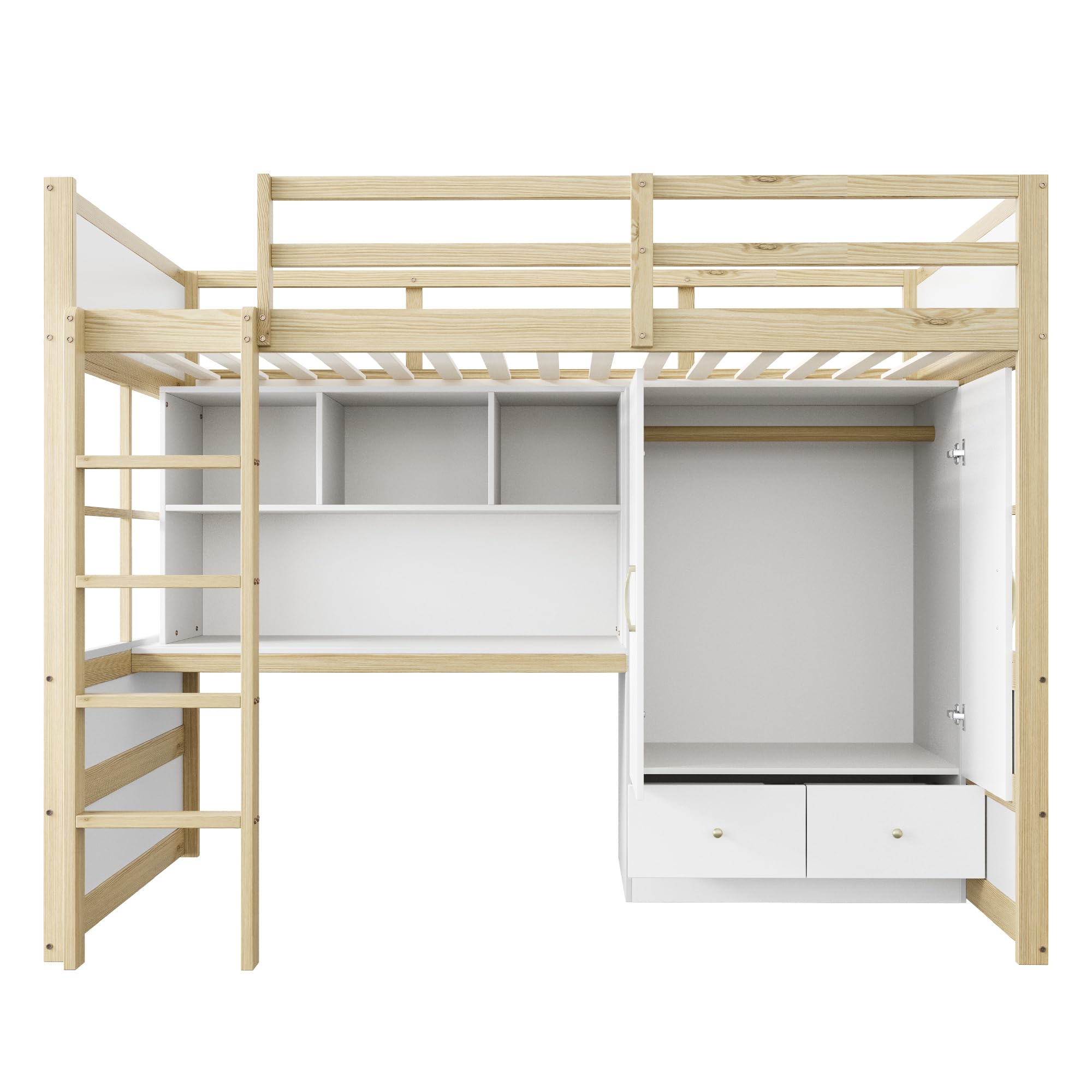 Letto a soppalco 90 x 200 cm – Con scaletta, scrivania con vani contenitore, armadio e cassetti – Letto per bambini/Letto per ragazzi/Letto singolo (I)