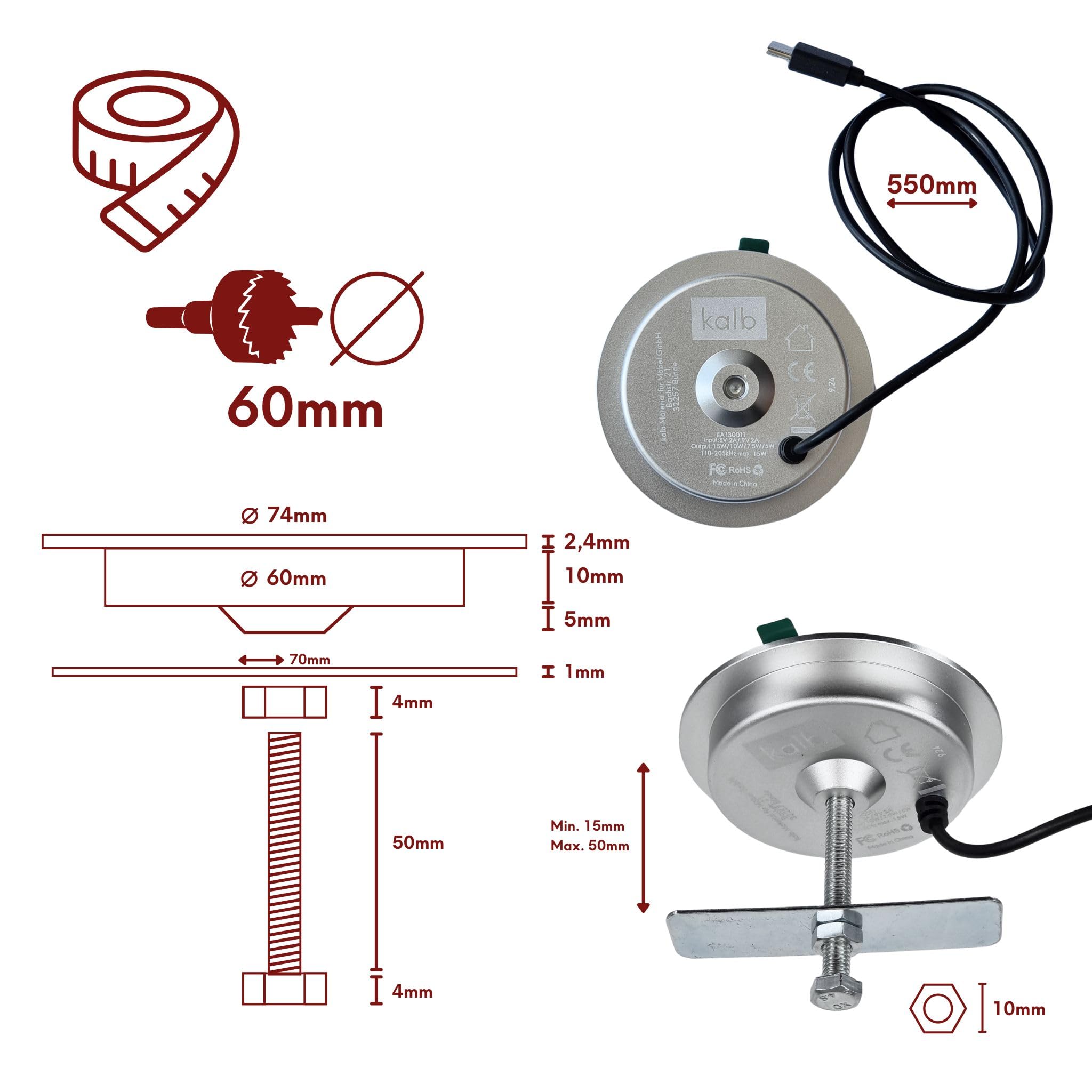 kalb | 15W Einbau drahtlos Ladegerät USB-C Ø 60mm Schnell Ladestation für Smartphones Möbel Induktion Schnellladegerät Wireless Charger Kabelloses Ladegerät