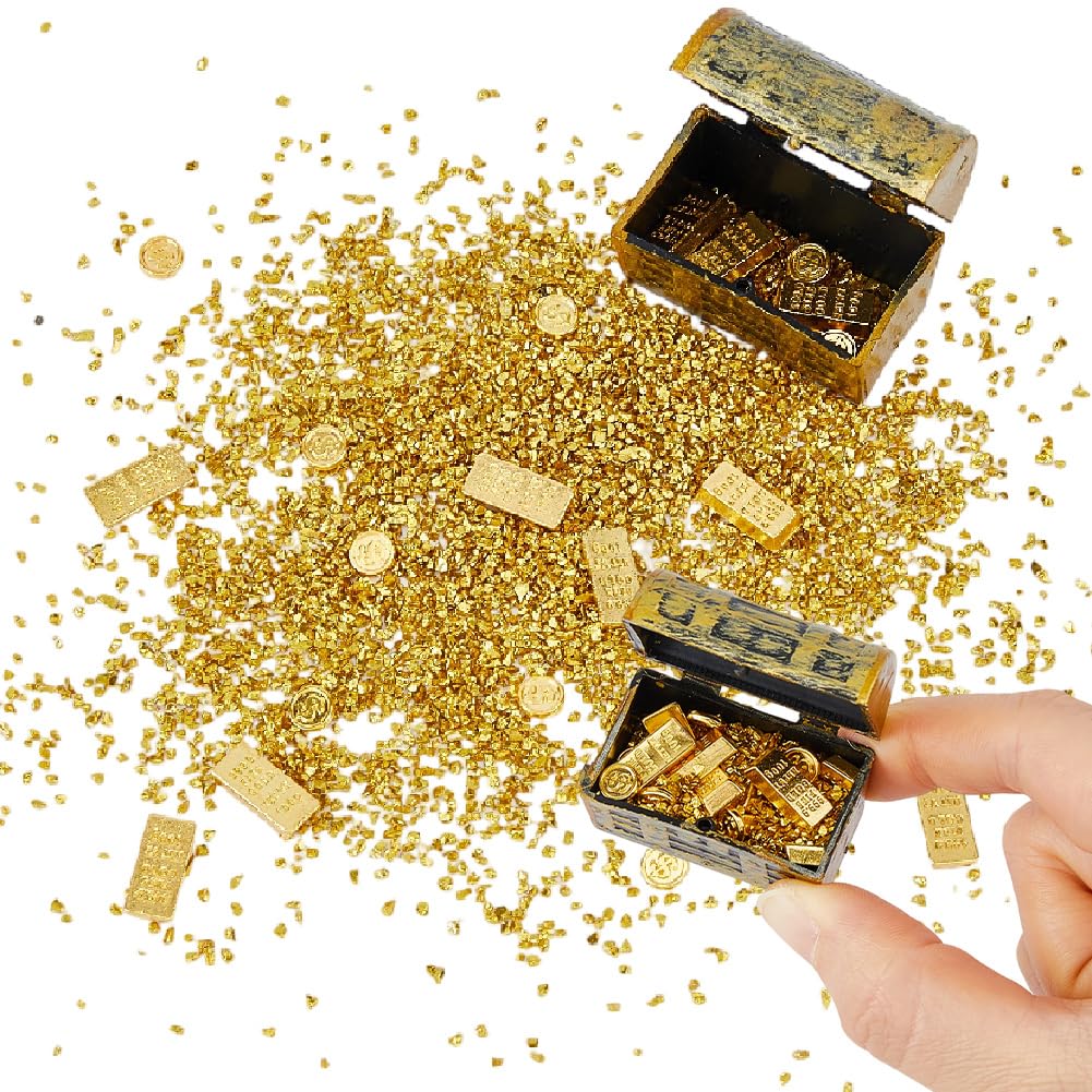 DICOSMETIC 3 Sets Tiny Faux Gold Treasure Chest Including Faux 60Pcs Gold Bars and Coins 16.8g Golden Particles Miniature Treasure Chest Set Mini Vintage Pirate Jewelry Storage Box for DIY Crafts