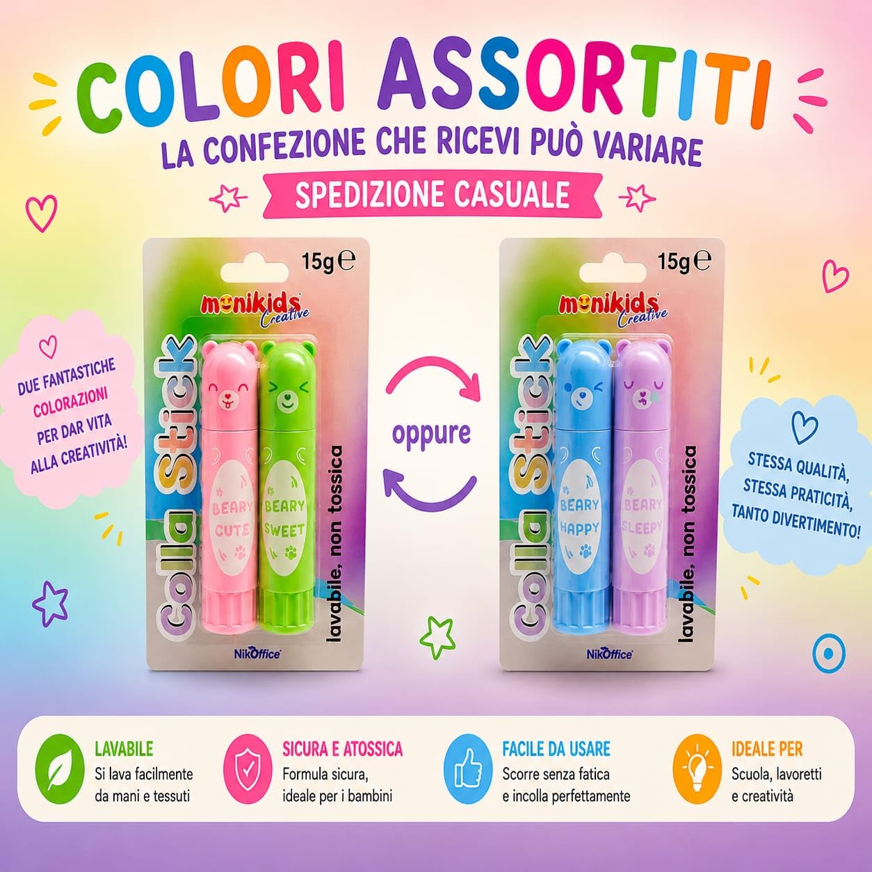 Colla Stick Bambini 15g x2 Orsetto Blu Rosa Verde Viola, Lavabile, Adatta per Lavoretti Fai da Te, Colla Scuola Asilo