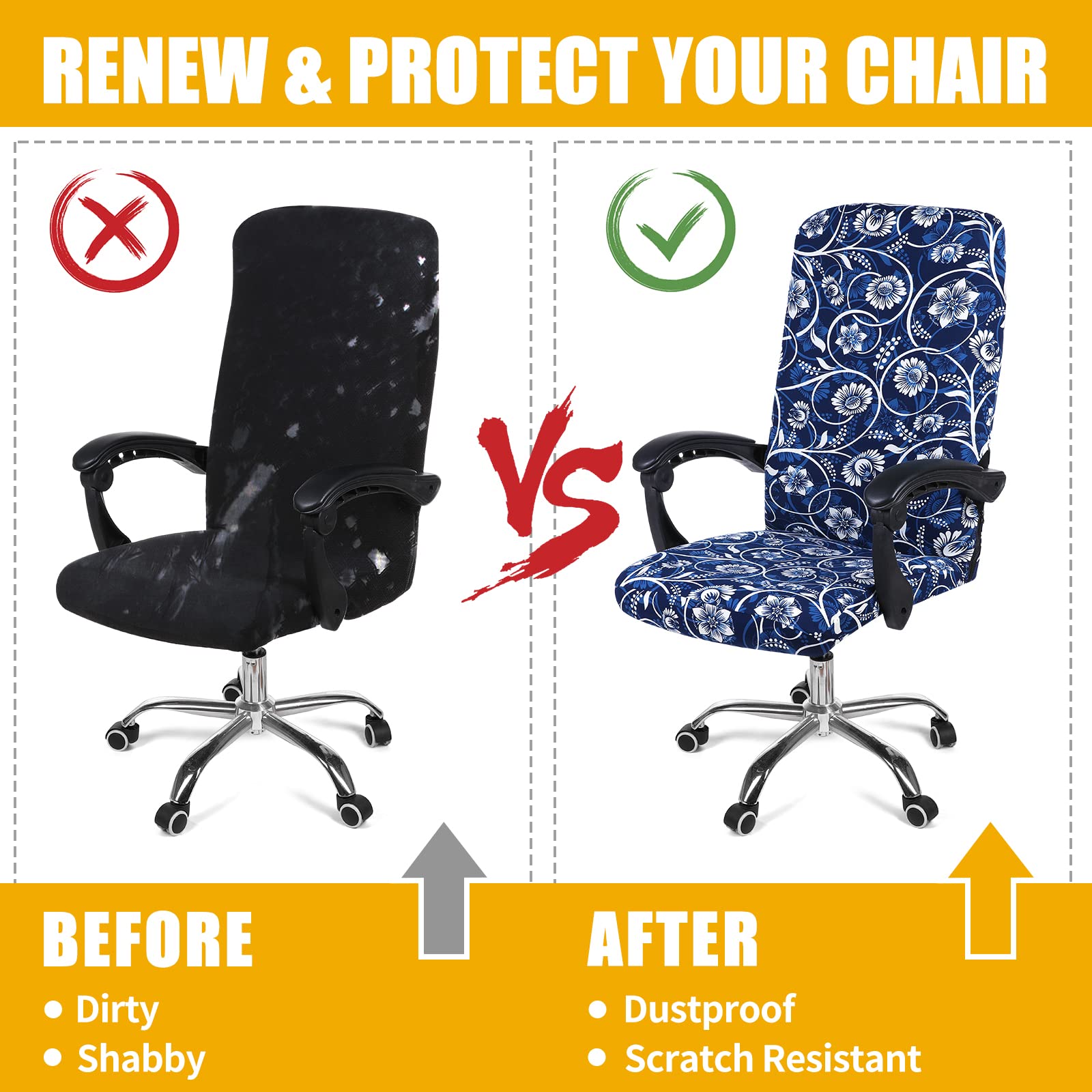Funda protectora para silla de oficina, cubierta estampada y elástica para silla, removible, lavable, resistente al polvo con cremallera, ajuste universal (grande, floral azul marino) 7