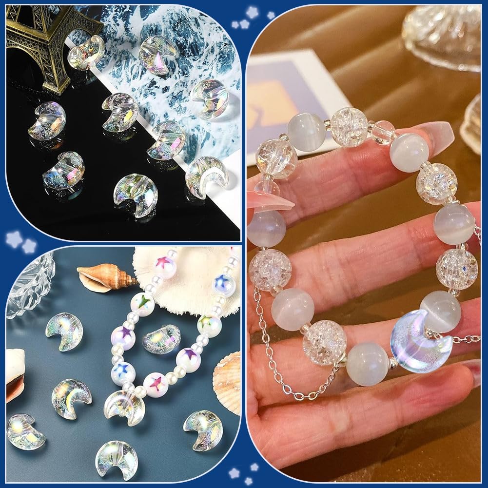 60Pcs Acrylic Moon Beads Moon Bead Bulk Clear AB Color Transparent Crystal Crescent Moon Charms Center Drilled Plastic Spacer Beads for Beading Bracelets Jewelry Making Hanging DIY Crafts