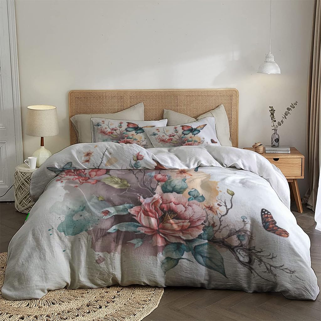 NIBAINLO 布団カバー水彩画-レトロな蝶-花 肌に優しい ピーチスキン加工 掛け布団カバー 和式 洋式 あったか 布団カバーセット リバーシブル ホームステイ ホテル 家庭兼用