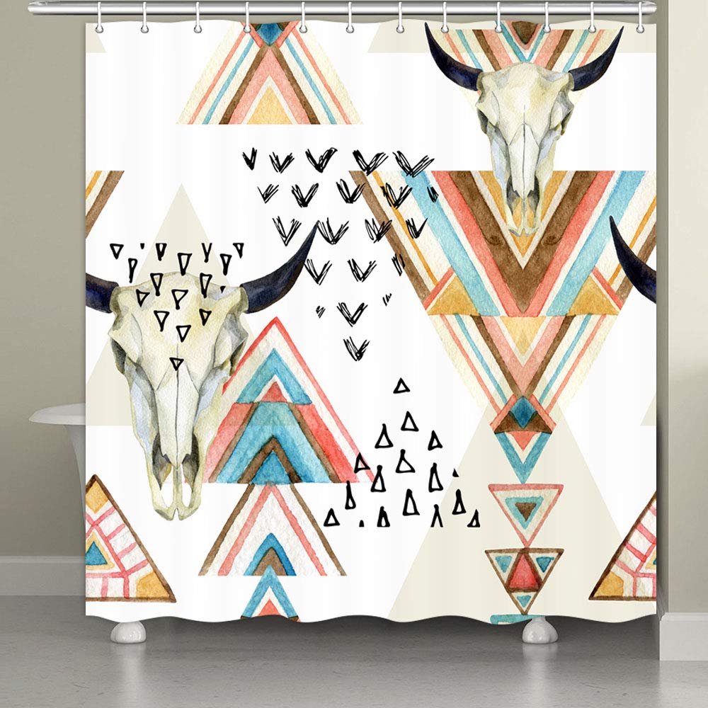 JAWO Western Boho Shower Curtain Southwestern Native Trible Bull Skull Bohemian Geometric Pattern Bathroom Shower Curtain Waterproof Fabric Bath