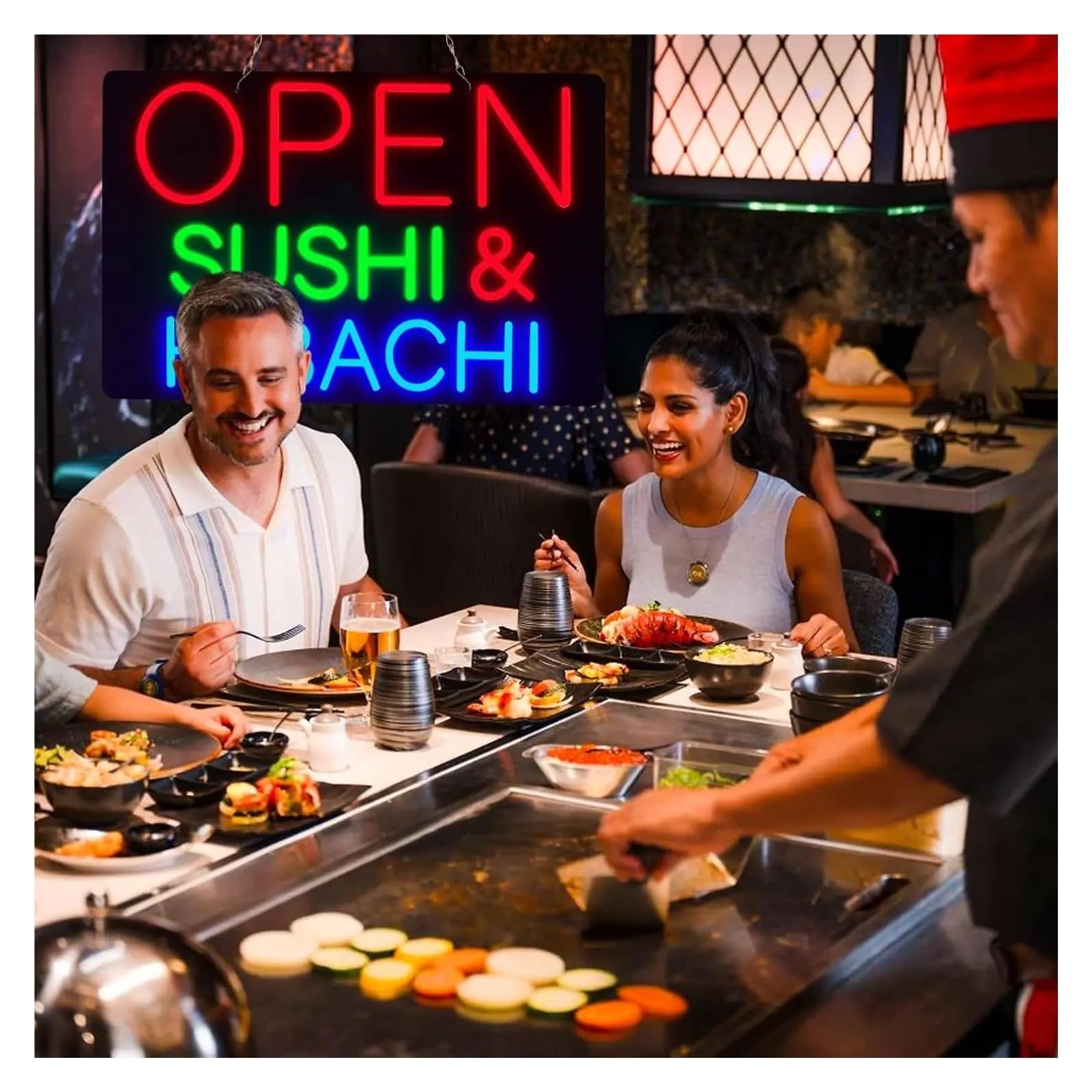 Insegna al Neon Insegna al neon Apri Sushi & Hibachi | Luce LED dimmerabile alimentata tramite USB per bar ristorante business decorazione murale estetica 42 cm x 28 cm