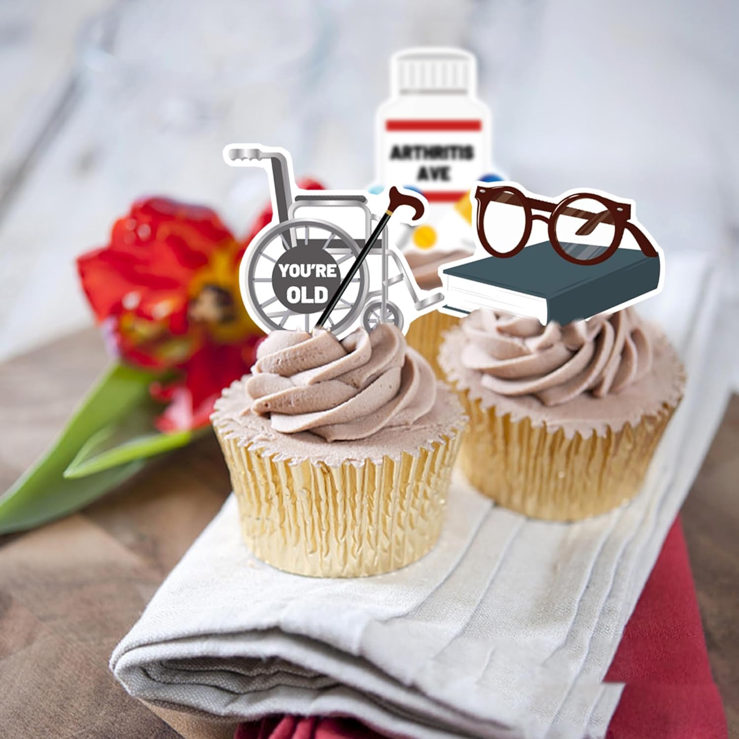 48PCS Edible Over The Hill Cupcake Toppers Wafer Paper Happy Retirement Party Cake Decorations Picks for Retirement Theme Farewell Birthday Party Supplies