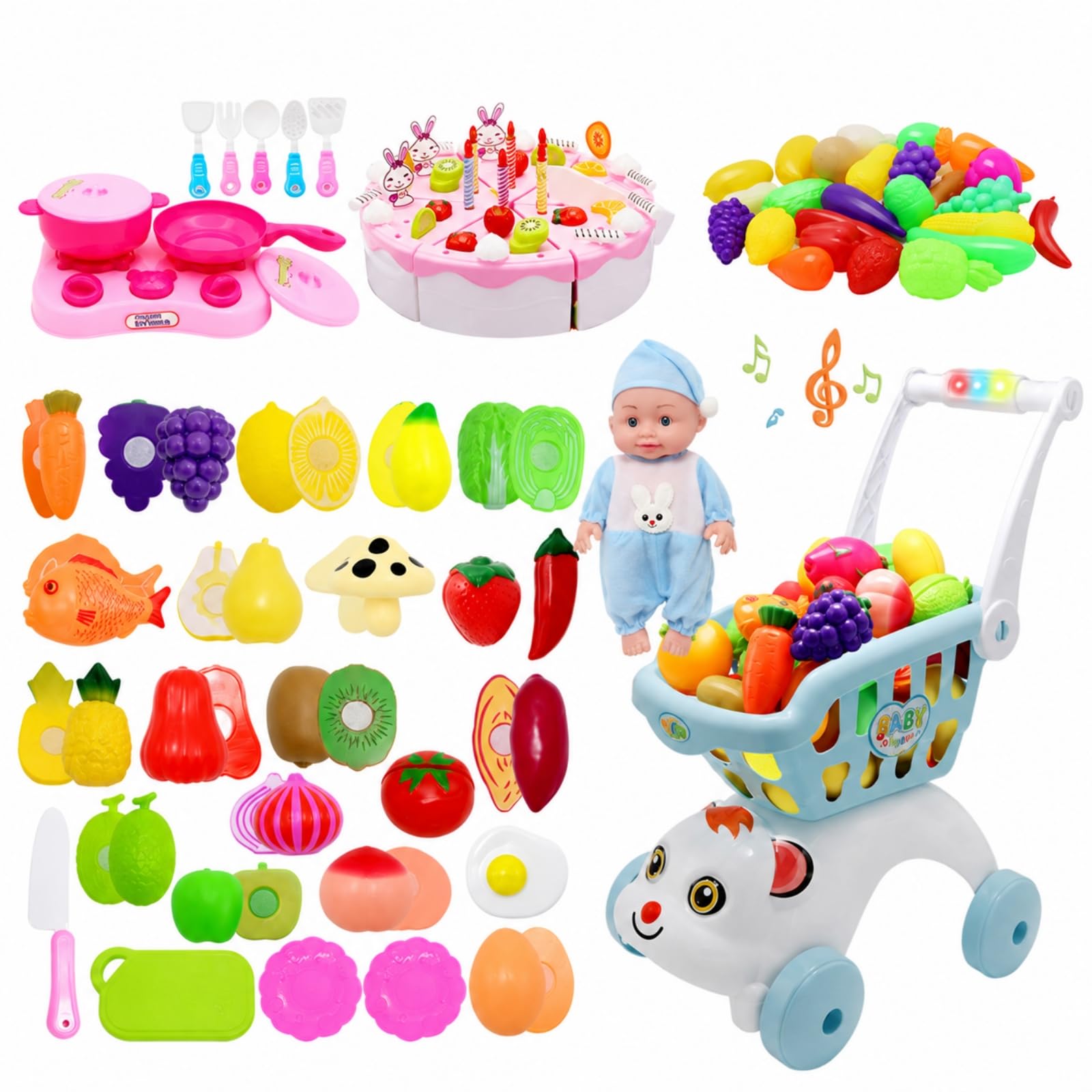 Carrello Spesa Giocattolo Sicuro Carrello Giocattolo con Prodotti Ortofrutticoli Finte Idea Regalo per Bambini, Gioco al Chiuso,