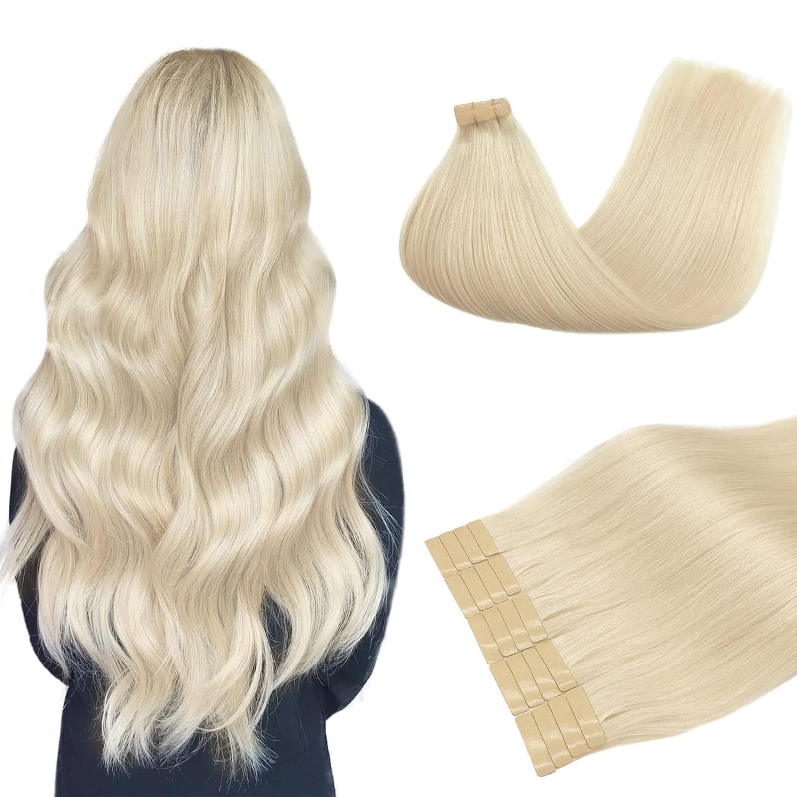 DOORES Tape in Hair Extensions Human Hair Platinum Blonde 18 Inch 50g 20pcs Real Human Hair Extensions Tape in Skin Weft Real Straight Natural