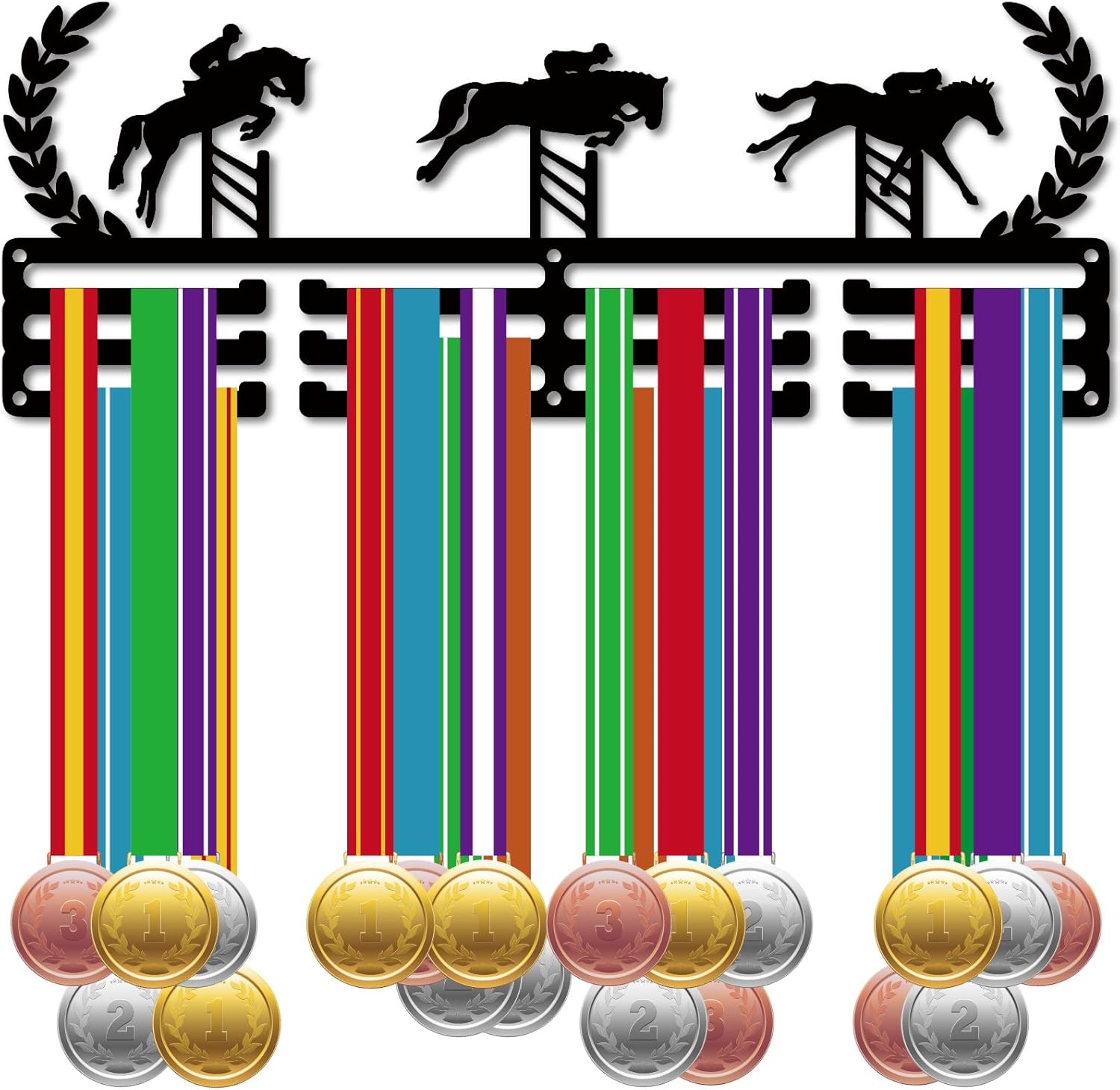 CREATCABIN Equestrian Medal Hanger Medal Holder Medal Hanging Decor Sports Medal Rack Wall Mounted 3 Lines Design Room Home Decoration Gift for Equestrian Athletes Race Winner Black 15.7x5.9 Inch