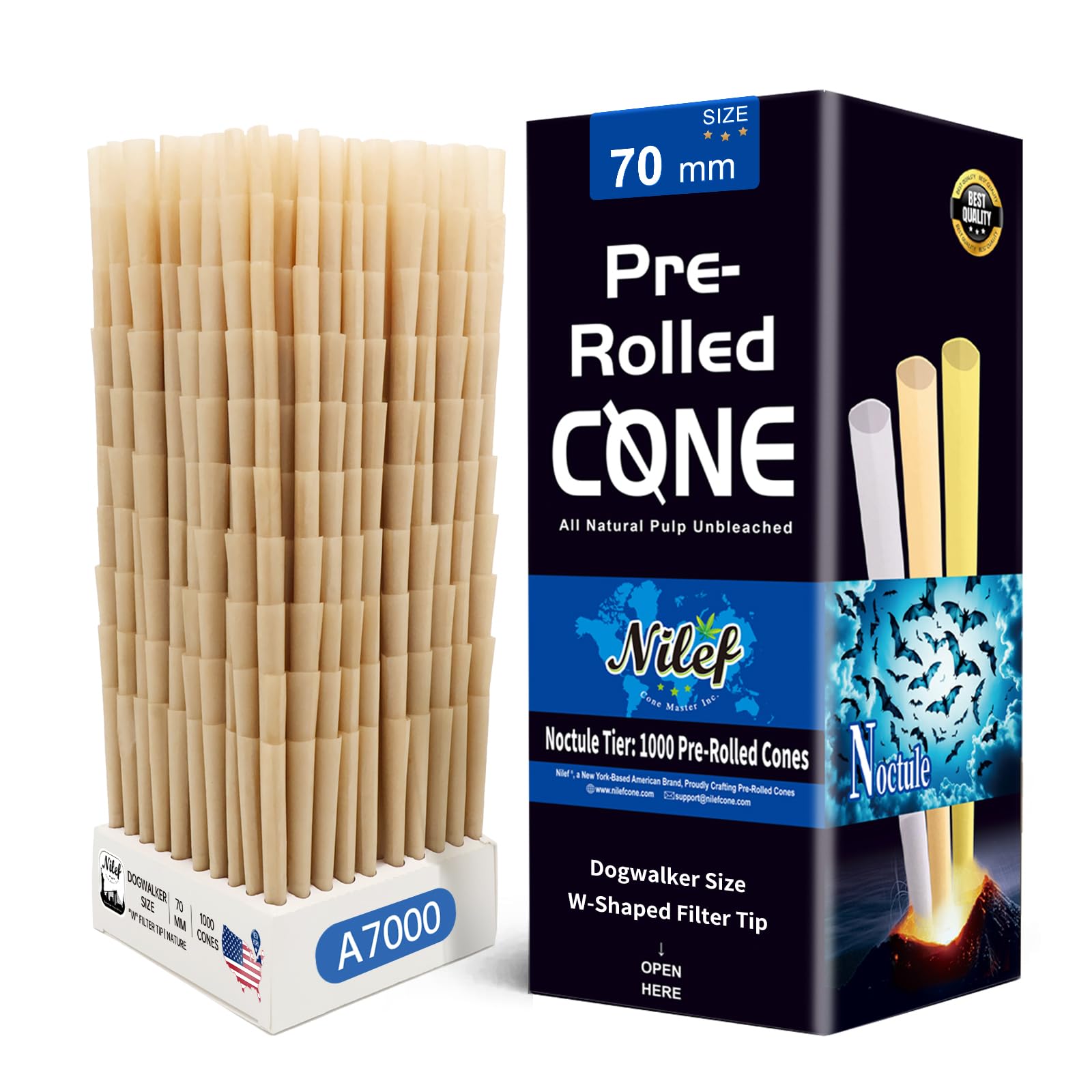 Vorgefertigte Cones | 1000 Stück | Dogwalker Größe 70/24mm | Naturbraun | "W"-Filtertipps | Natur Ungebleichtes Papier | Ohne Logo | Großpackung (A7000)