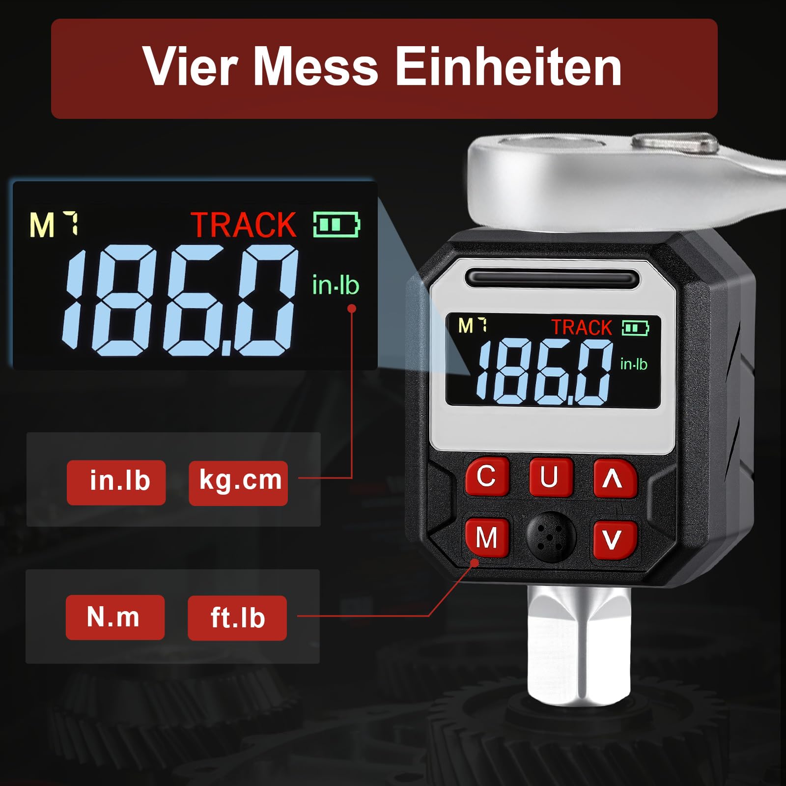 Digitaler Drehmomentadapter, 1/2 Zoll Digital Drehmomentschlüssel mit ±2% Genauigkeit, Voreingestellter, LED Anzeige, Summer, 3/8" und 1/4" Adapter für Fahrrad, Motorrad, Auto (10-200Nm)