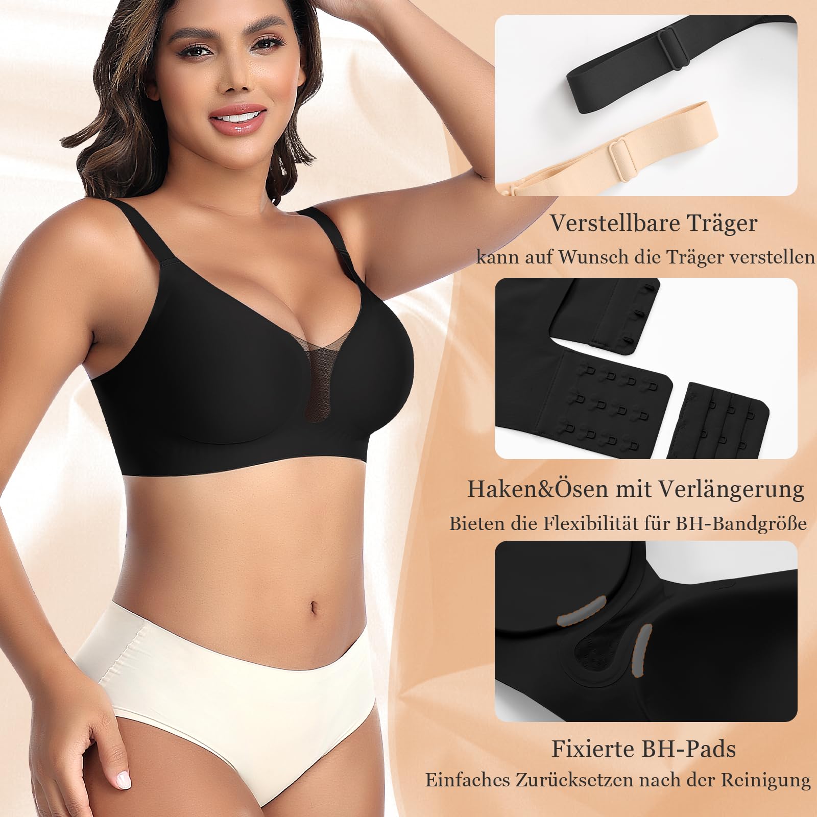 BH Damen Ohne Bügel Nahtloser Glatter Weicher BH Modische Spitze Mesh Tiefes V-Ausschnitt Bequemer BHS Gepolsterter BHS Bustier Bügellos Soft Bra Seamless Bralette T-Shirt