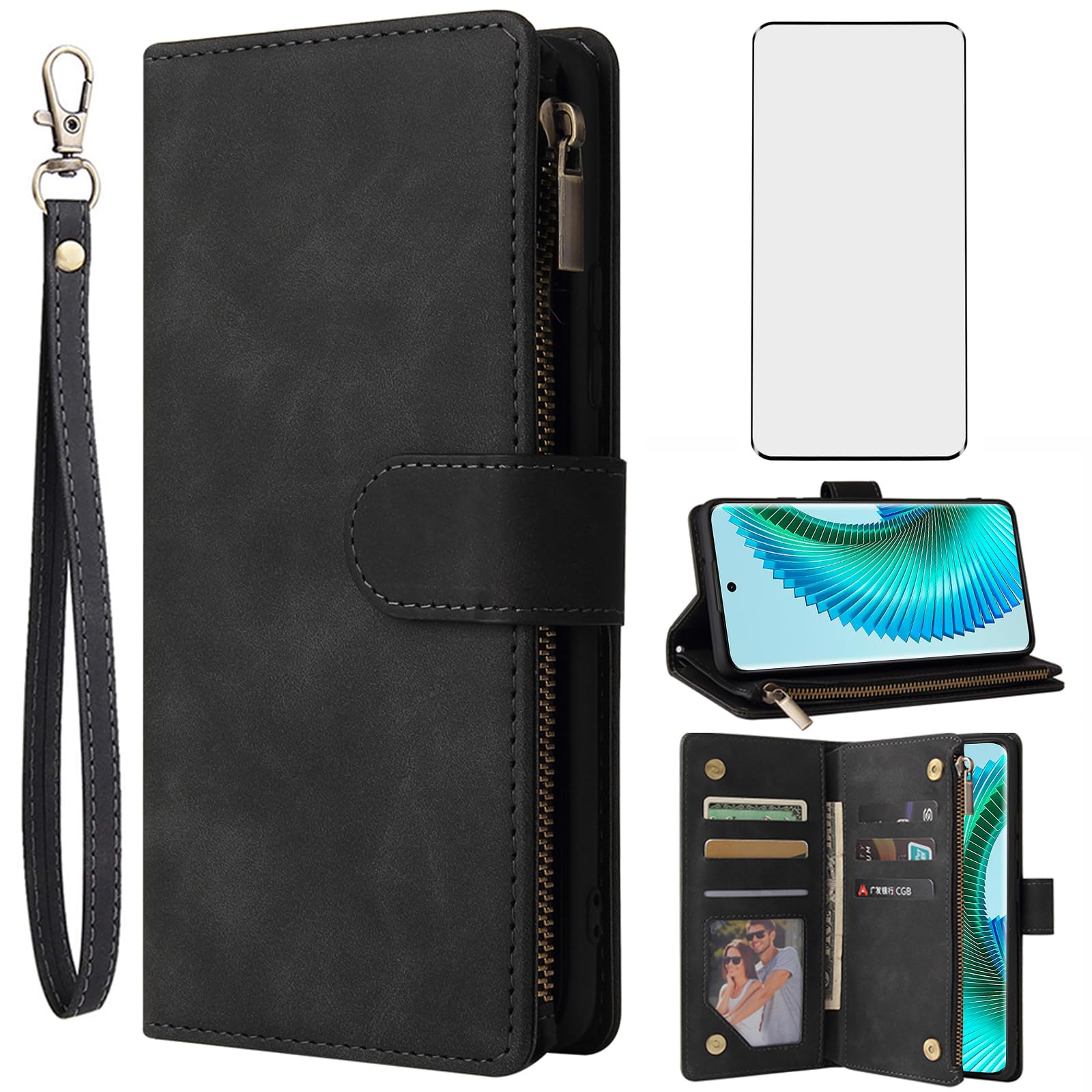 Asuwish Custodia Portafoglio Per OnePlus 8 Pro, Con Pelle, Supporto, 6 Slot Carte E Tasca Cerniera, Include Pellicola Vetro E Catena, Blu