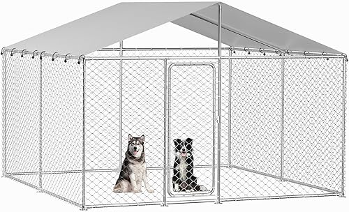 Perrera para perros de 10 x 10 pies, recinto resistente para perros exteriores con cubierta impermeable y cerradura de seguridad para perros grandes
