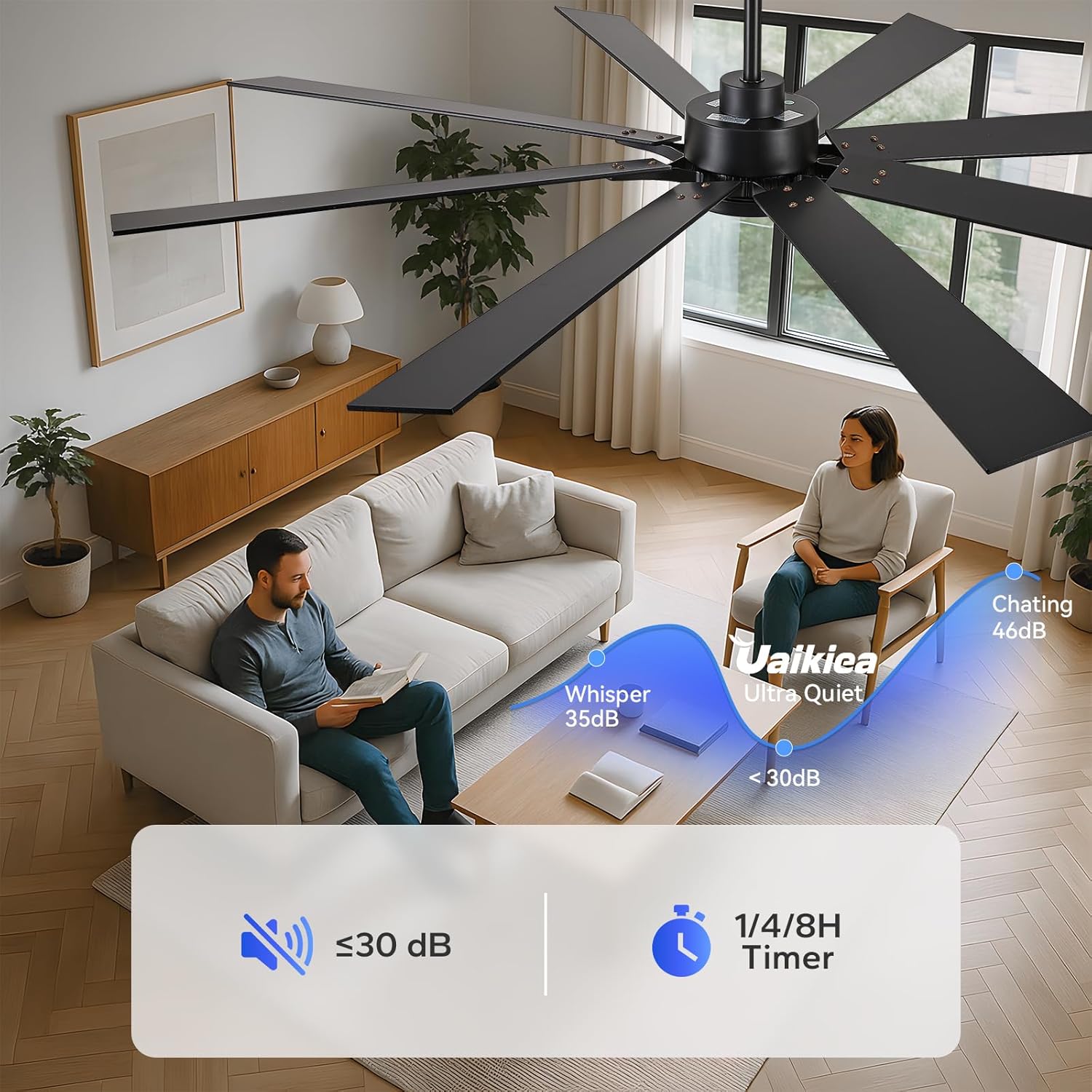 62 Inch Black Outdoor Ceiling Fan with Light Remote, 8 Blades, Large Airflow 7954 CFM Quiet Reversible DC Motor, Damp Rated Indoor Exterior Celing Fan for Patio Porch Garage Bedroom, Modern Industrial