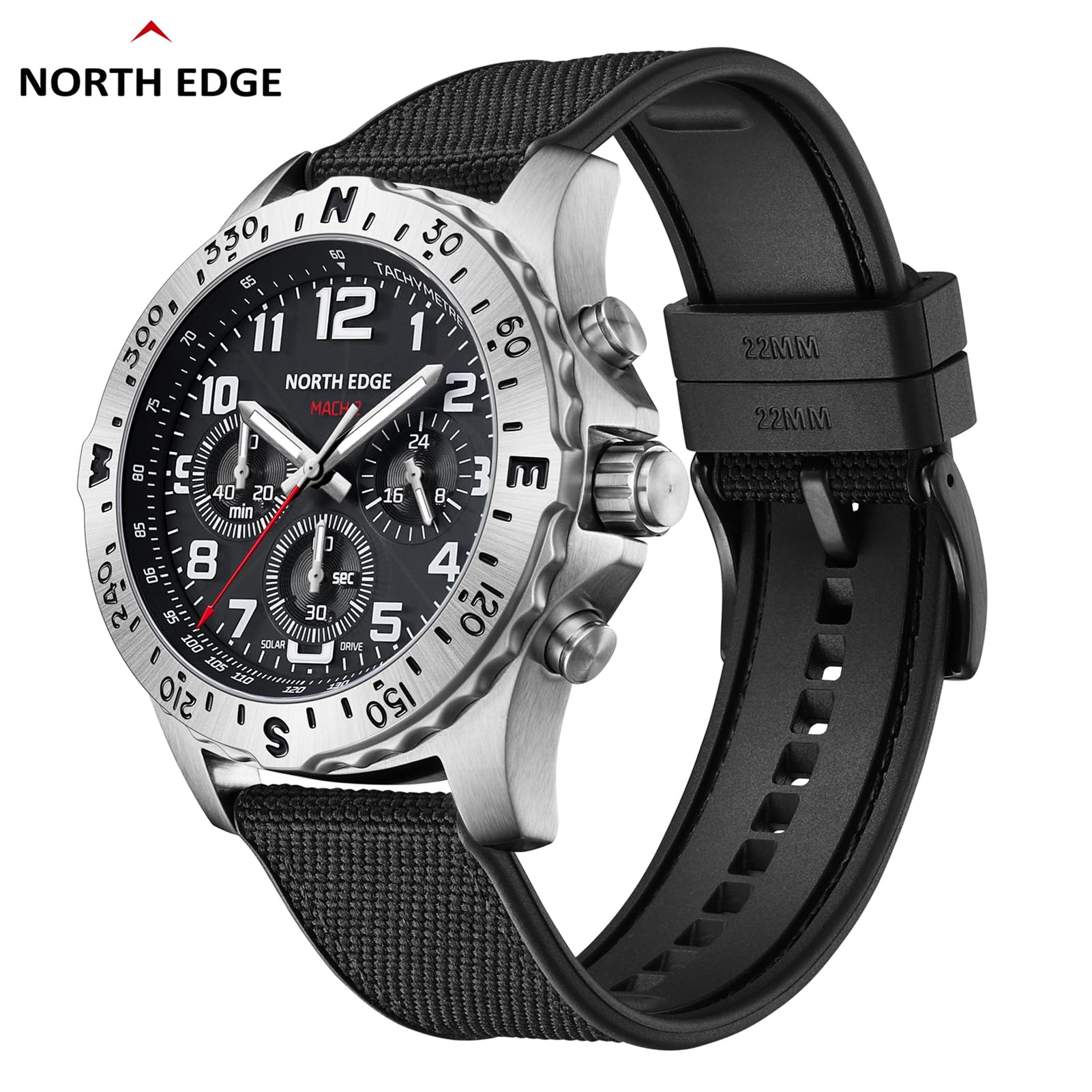 ERYUE Męski Chronograf Typu Pilot Zasilany energią słoneczną, ze 180-dniową rezerwą Chodu i świecącymi Wskazówkami do Aktywności na świeżym Powietrzu Zegarek ze Stali Nierdzewnej do Sportów Wodnych