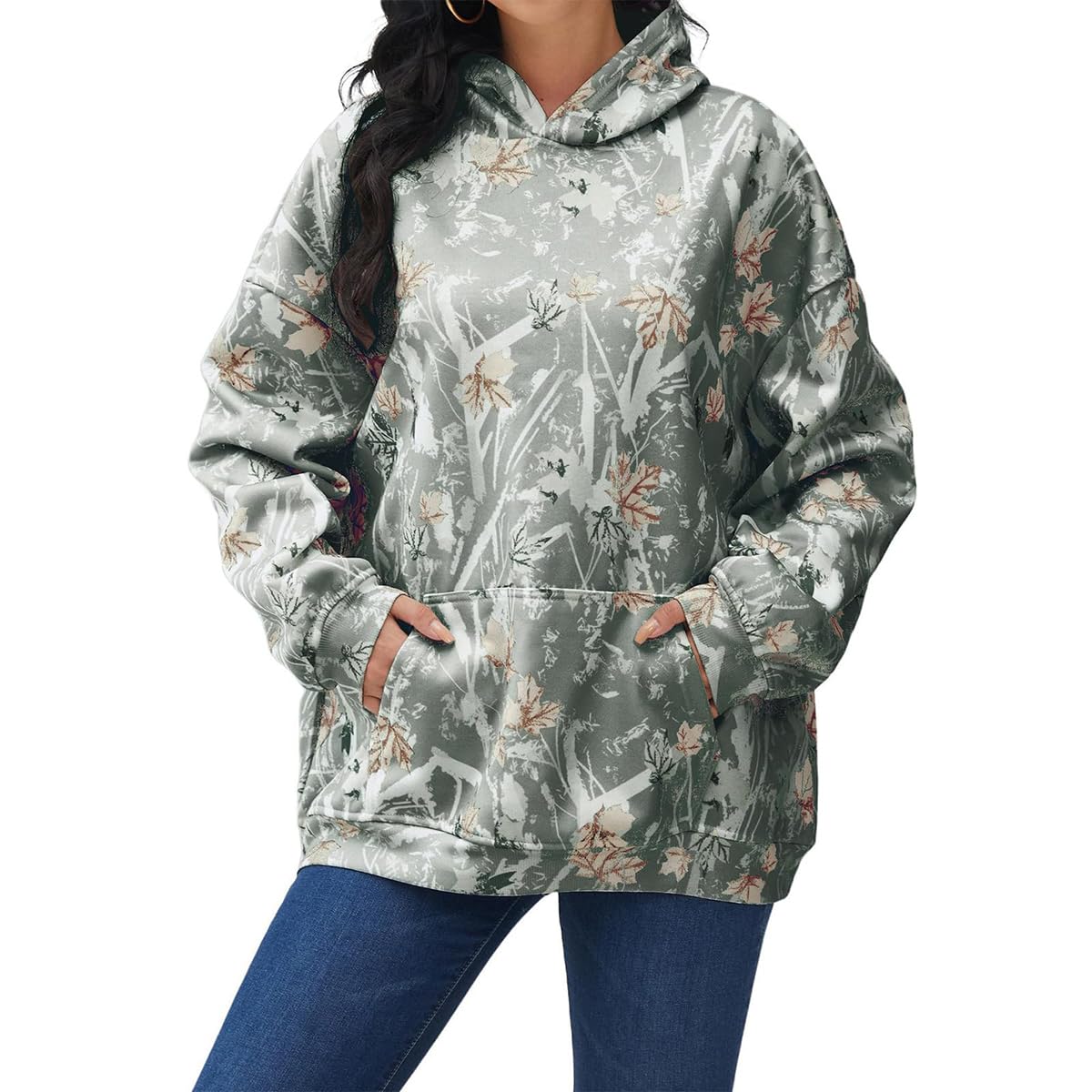 Lynkiss Womens Cotton Fleece Camo Hoodies Maple Leaf Print Oversized Hoodies Sweatshirt Pullover with Pocket