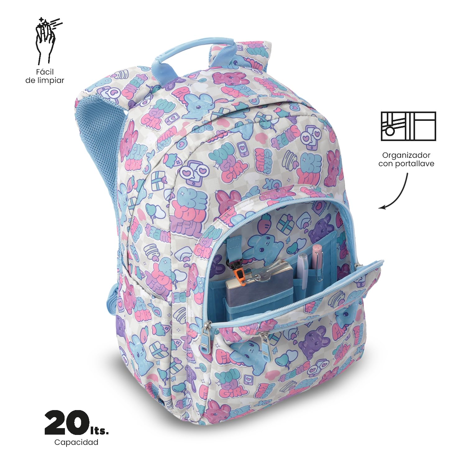 TOTTO - Pack Mochila Escolar Adaptable a Carro, 20L, Modelo Acuareles + Estuche 3 Compartimentos Modelo Agapec