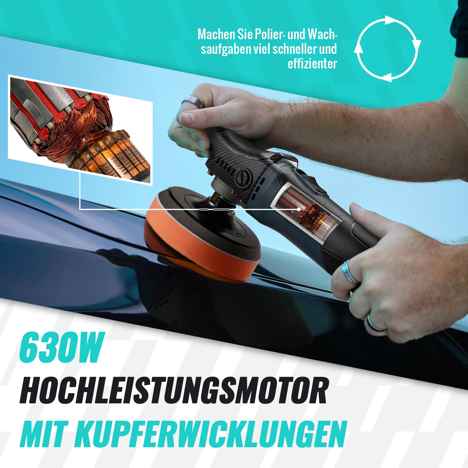 Mini Poliermaschine Auto, AUTIWOZ 630W Polierer mit 6 Variable Geschwindigkeit 2500-4500 RPM, Seitengriff, 100mm/125mm Polierschwamm/Wollscheibe/Schleifpapier, zum Polieren von Auto