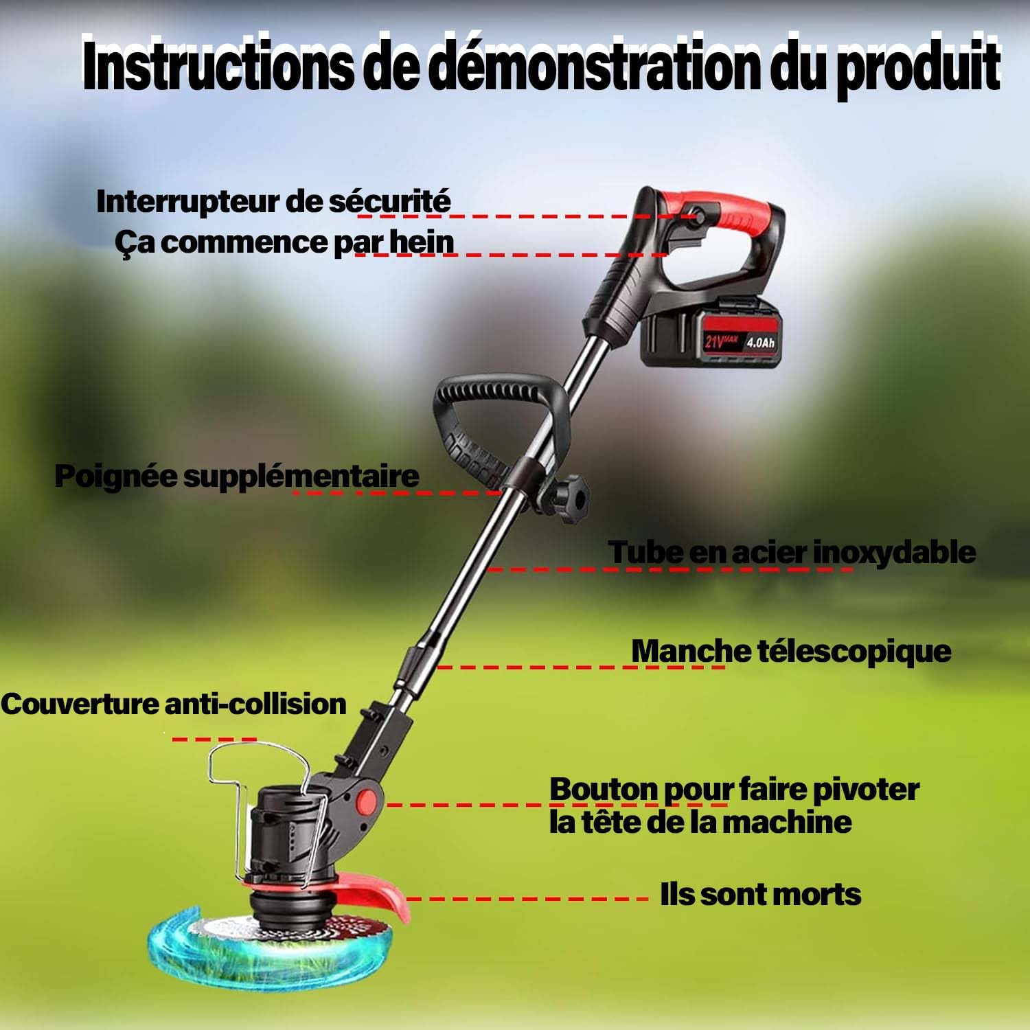 Coupe Bordure sans Fil avec Batterie, Debroussailleuse Electrique sans Fil, (2 Batteries de 4,0 A et Chargeur Rapide) Coupe Bordure, Débroussailleuse, avec 3 Types de Lames pour Jardin, Cour