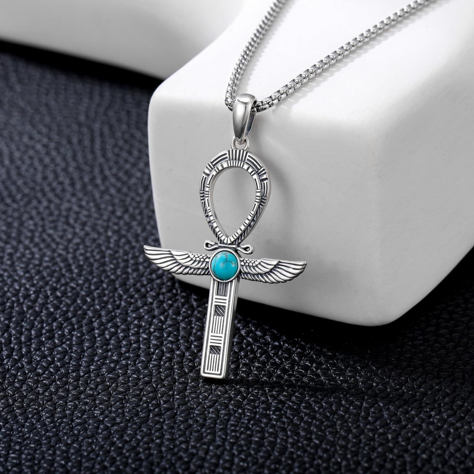 Ankh-Halskette für Herren 925er-Sterlingsilber natürlicher Türkis ägyptisches antikes Ankh-Kreuz-Anhänger Schutzamulett Schmuck Geschenke für Vater