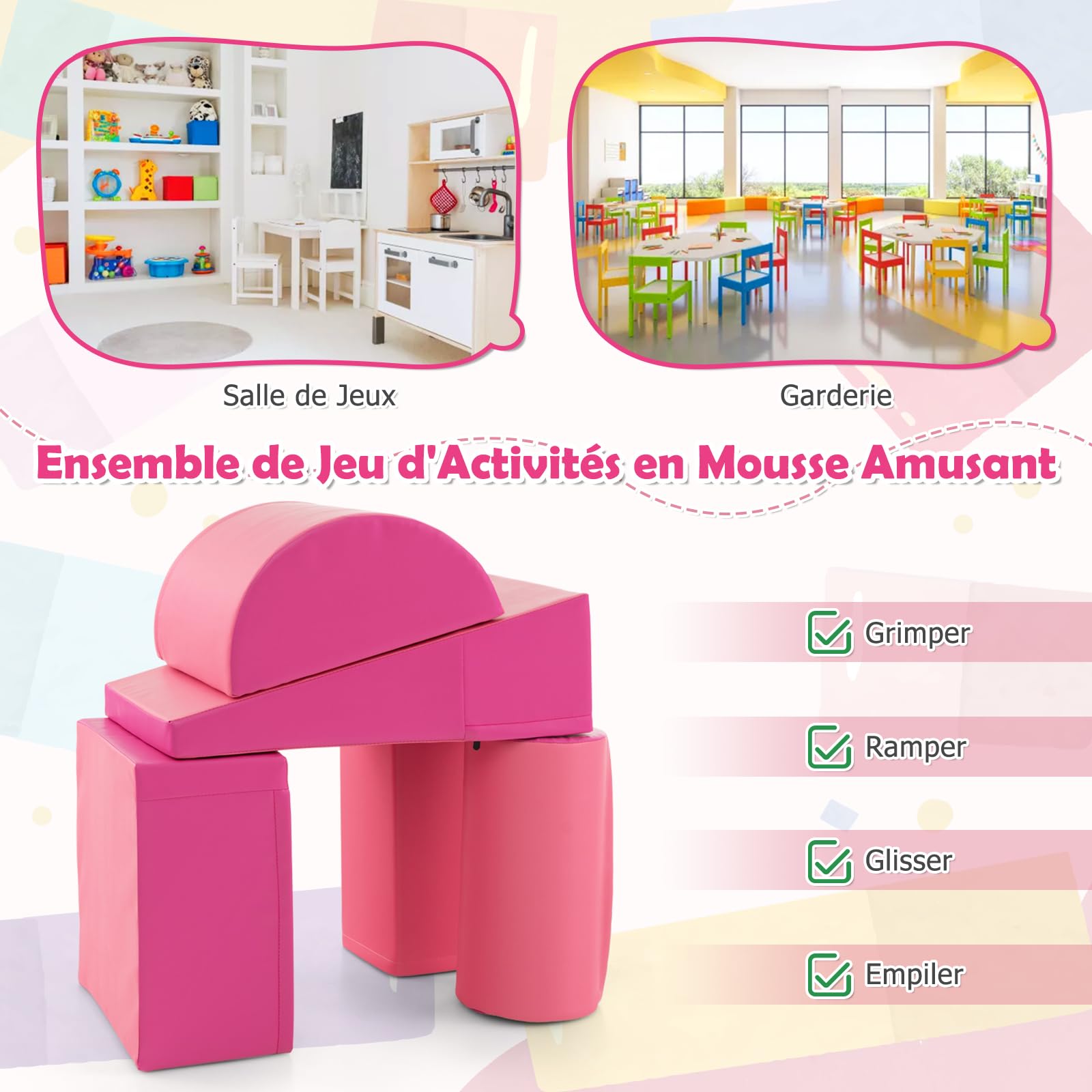 DREAMADE 5PCS Module de Motricité, Parcours Motricité Bébé en PU à Base d'eau & EPE, Jeut d'Éducation pour Enfants d'Âge Préscolaire, Convient à Maternelle, Maison (Rose)