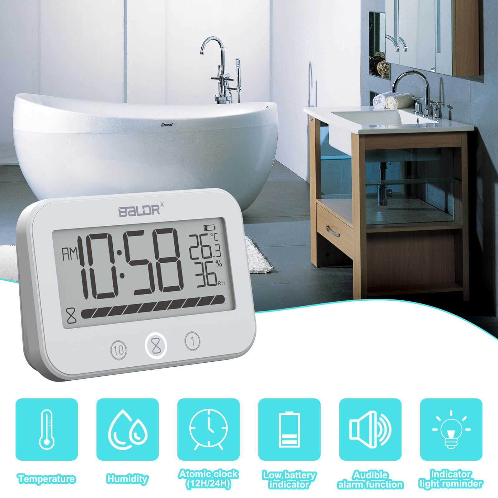Orologio da Bagno Digitale, Orologio da Doccia Impermeabile IP54 con Temperatura e Umidità, Conto alla Rovescia da 99 Minuti con Allarme, Ampio Timer LCD con 2 Ganci Adesivi e 2 Ventose