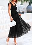 PRETTYGARDEN Robe d'été Midi Tulle pour femmes Sans manches Smocked Square Neck Ruffle Flowy Party Wedding Guest Sundress