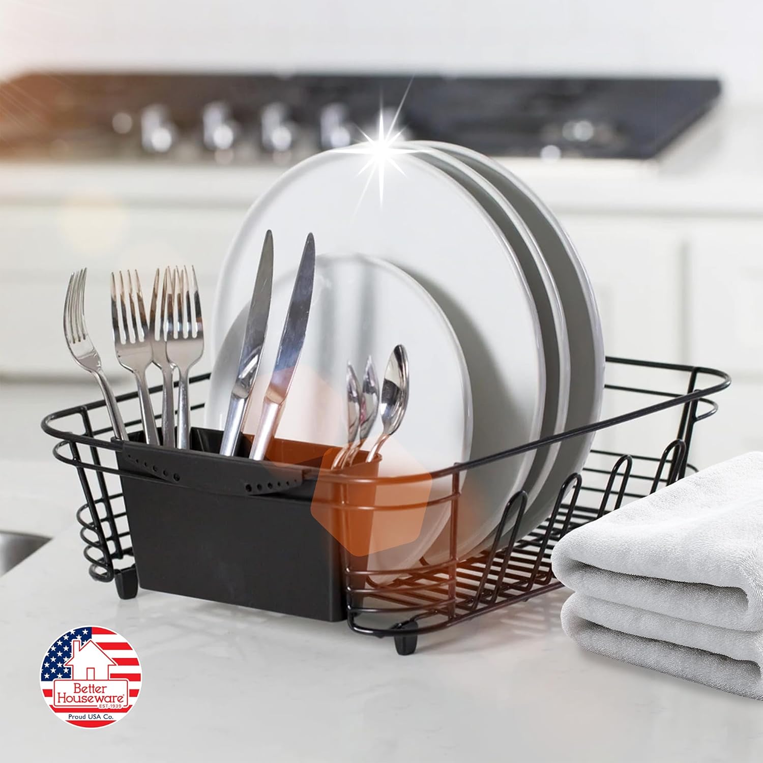 Black Metal 2-Piece Dish Drainer with Utensil Cup