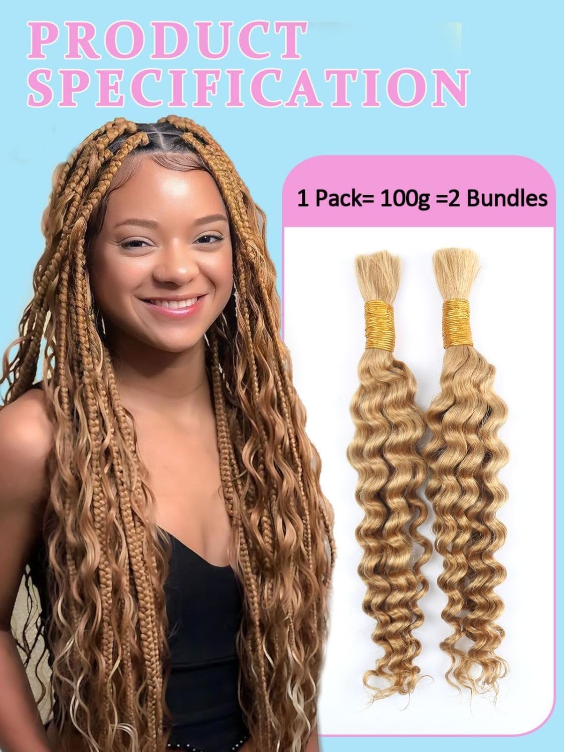 Sexycat Deep Curly Human Braiding Hair for Boho Braids 2 Bundles 16 Inch 100g,#27 Honey Blonde Water Wave Bulk Human Hair for Micro Braiding Wet and Wavy Human Hair Extensions - Image 2