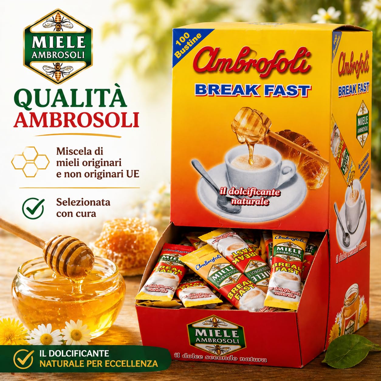 Ambrosoli Break Fast Miele in Bustine Monodose 100 x 16g (1,6 kg) – Dolcificante Naturale per Caffè, Tè e Colazione – Formato Espositore