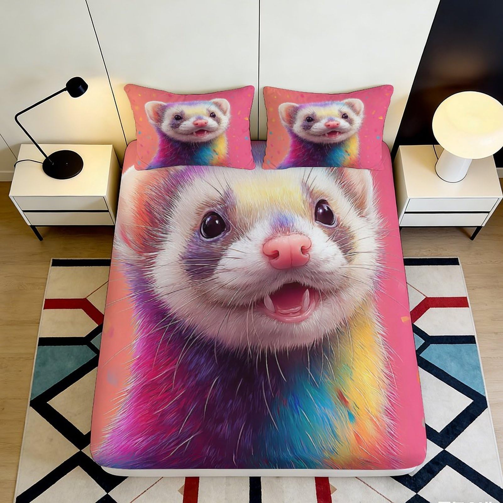 3D Printed Colorful Ferret Fitted Sheet Microfiber Soft Mattress Cover for Bedroom Dorm Easy Wash Decor 90x200x25cm