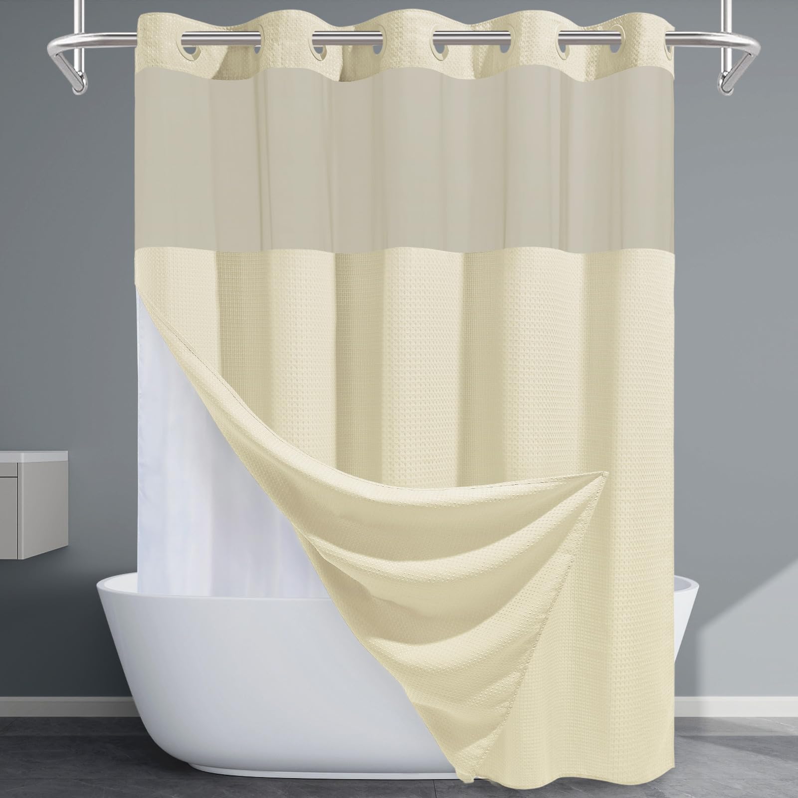 EUTXL Ivory Long Hotel Shower Curtain with Detachable Liner - 230GSM Waffle Textured,Hotel Grade,Spa Like Bath Curtain,71W x 86H