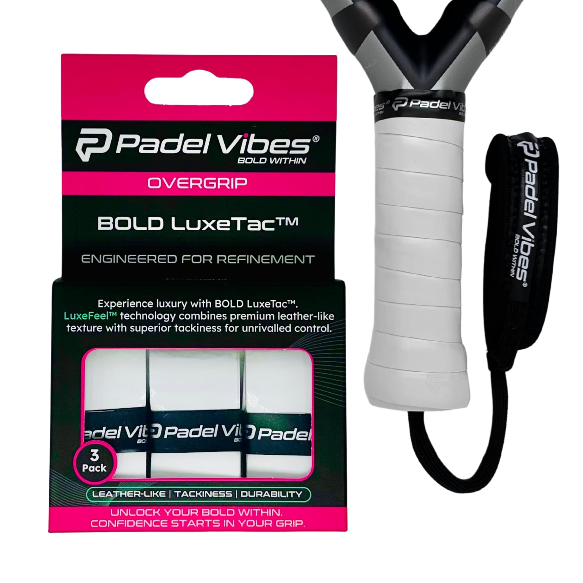 Padel Vibes® BOLD LuxeTac™ Overgrip | Tacky, Sweat-Absorbing, Luxurious Leather-Like Feel | Durable Overgrip Tape for Padel, Tennis, Squash, Badminton, and Pickleball Rackets (White | 3-Pack)