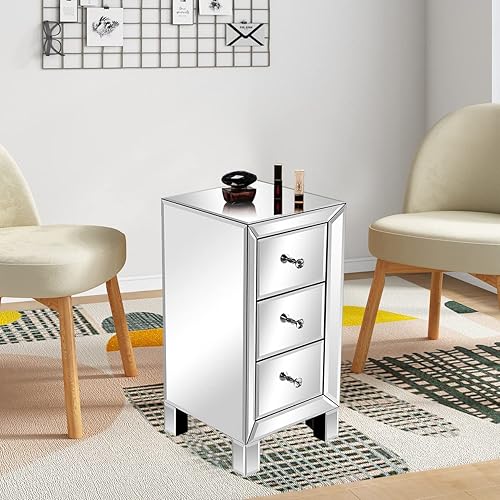 Miniatura 3 de Mesita de noche con espejo, mesitas de noche de cristal plateado con 3 cajones, mesas auxiliares de cama pequeñas, mesa auxiliar con espejo, mesa de