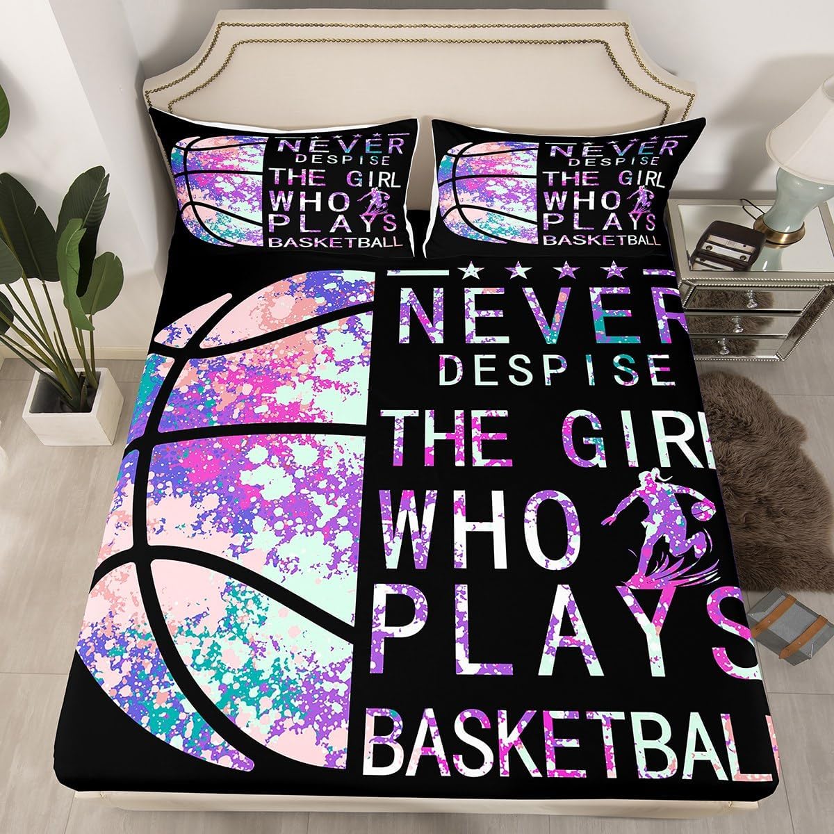Erosebridal Basketball Bedding Set Queen,Ball Sports Fitted Sheet for Kids Girls Teen Women Bedroom Decor,Ball Games Bed Sheets Basketball Player Fitted Bed Sheet