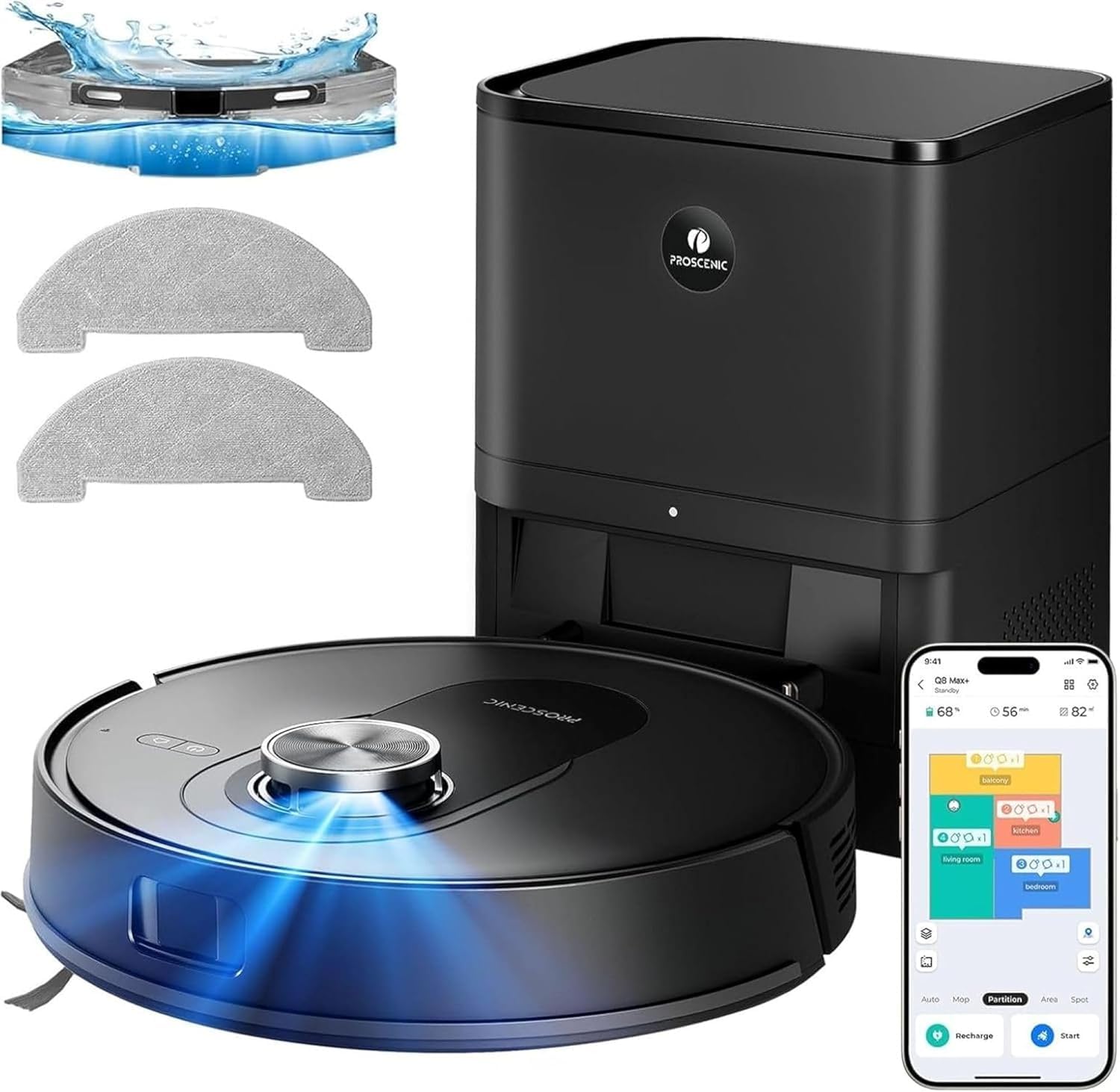 Proscenic Q8 MAX+ Robot Aspirador y Fregasuelos Potente 8000Pa/200 Min, con Navegación LDS y Auto-Evasión de Obstáculos, 3L Base de Autovaciado, por App/Remoto/Voz, Moqueta/Pelo de Mascotas/Suelos