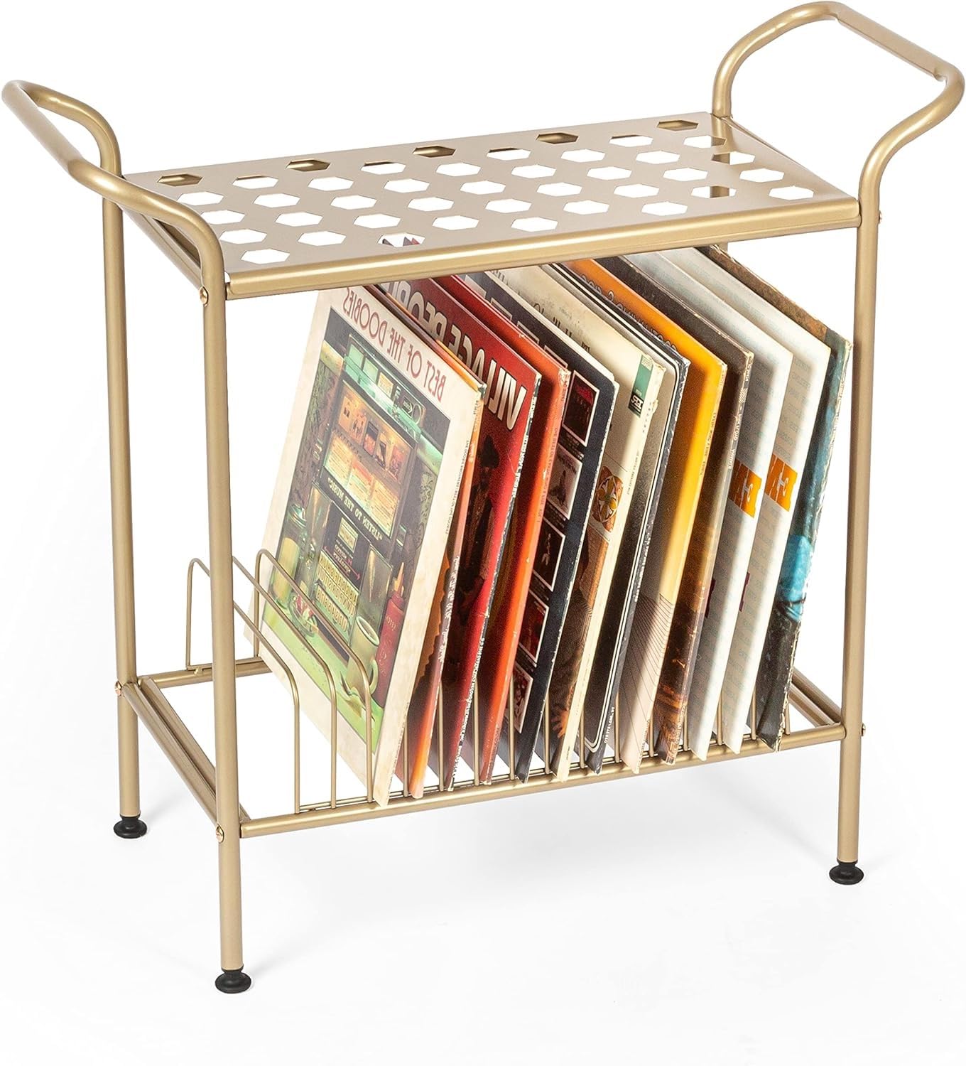 INDIDECOR 25034 Record Player Stand with Vinyl Record Storage, Gold Metal Table with Shelves for Records, 2-Tier Record Storage, Vinyl Record Holder, Record Player Table Golden