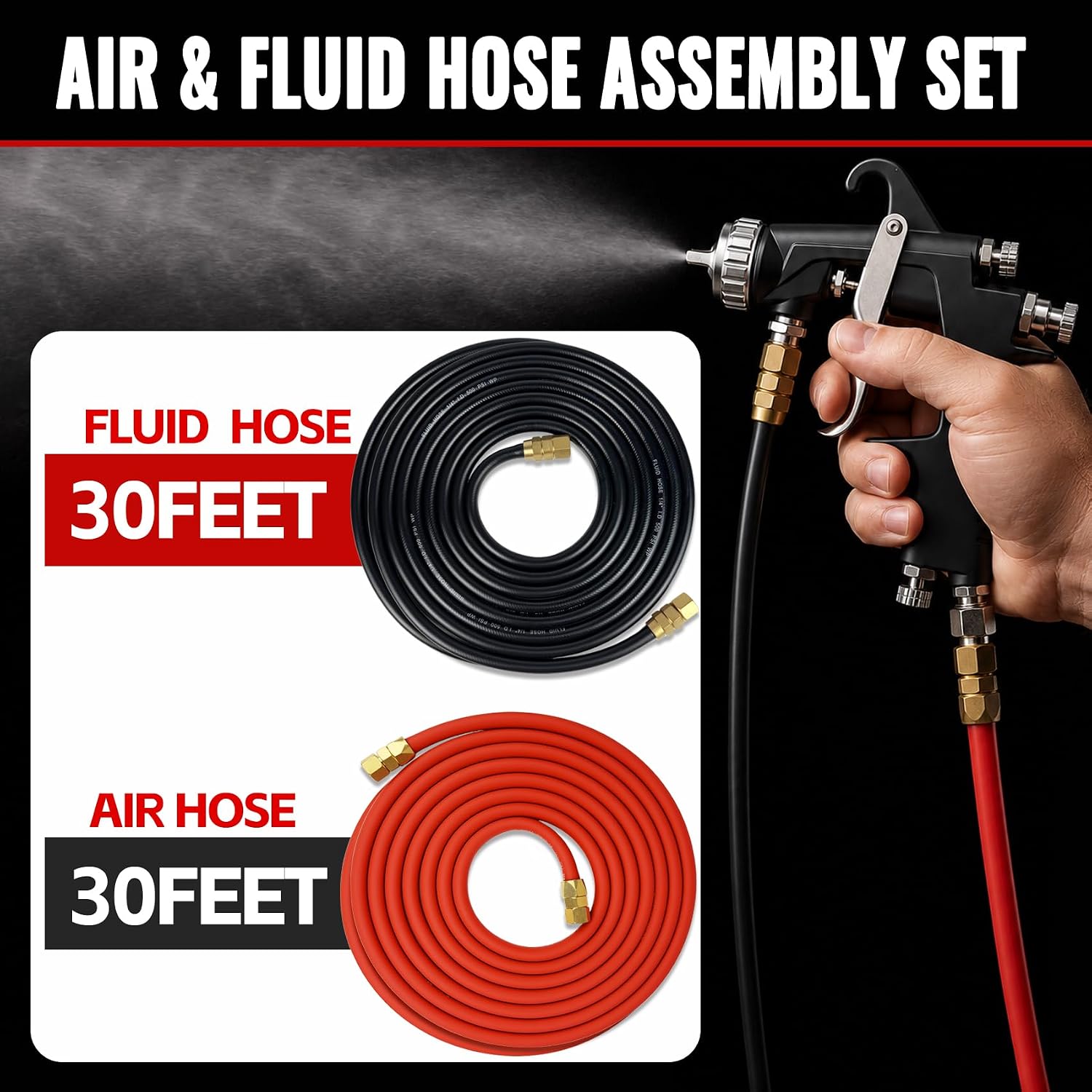 30FT Air & Fluid Hose Set for Spray Guns & Paint Pressure Tanks