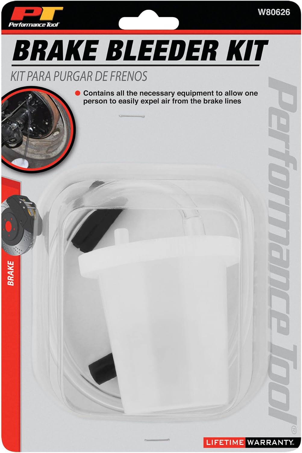 Performance Tool W80626 One Person Brake Bleeder Kit with 3 Adapters, Easily Remove Air from Brake Lines, 12in. Hose Length, 8oz. Cup Capacity