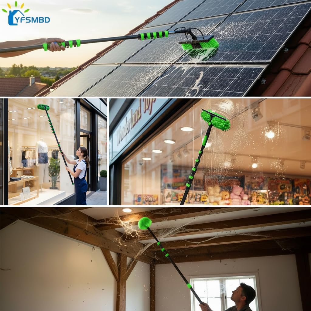 Limpia Placas Solares, 3,6-20m Barra Telescópica de Fibra de Carbono, Extensible Cepillo de Limpieza para Paneles Solares Fotovoltaicos, Ventanas, Cepillo de Lavado de Coches (35cm brush,10m)
