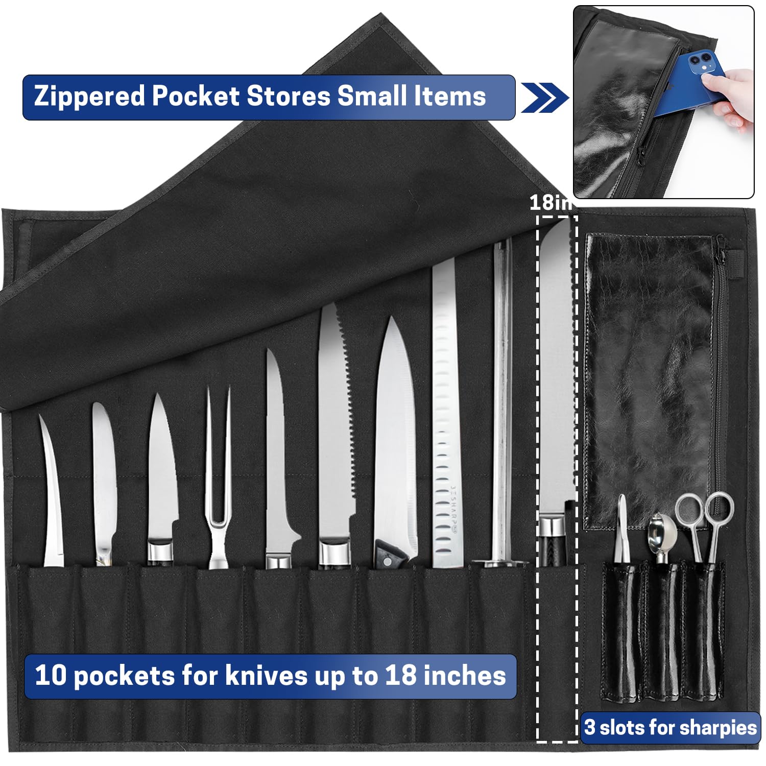 Borsa arrotolabile per coltelli da chef, in tela resistente e pelle, custodia impermeabile per coltelli con 10 scomparti e 1 custodia rimovibile, per casa, cucina, campeggio, escursionismo