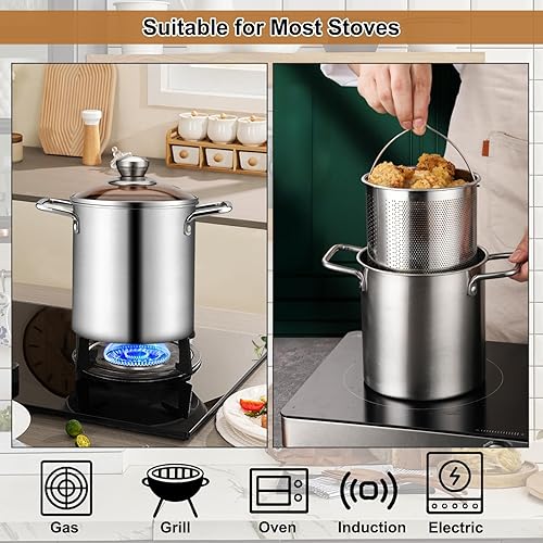 Miniatura 3 de Yuehuam Olla para freidora, pequeña olla profunda de acero inoxidable con cesta y pinzas para alimentos, olla para freír pescado, olla japonesa de