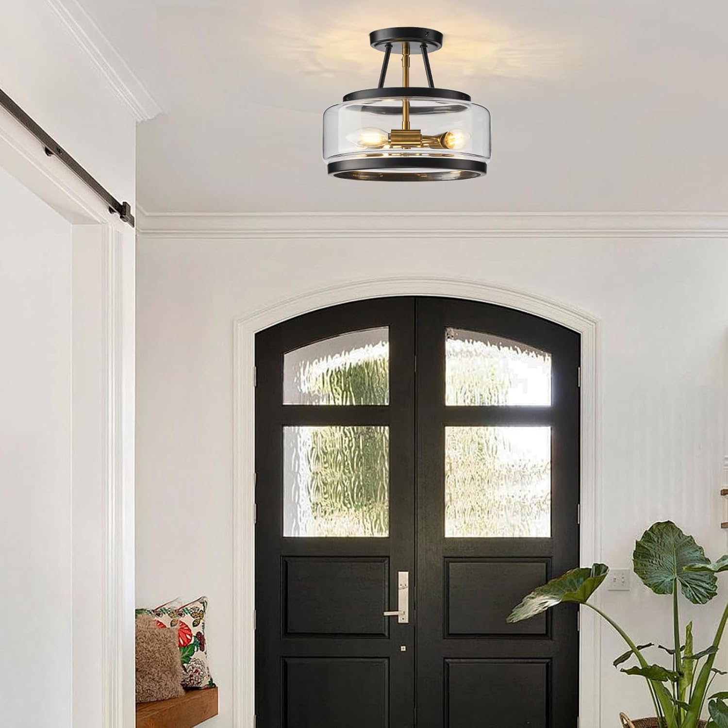 Black Gold Semi Flush Mount Ceiling Light, 3-Light Modern Industrial Drum Light Fixture with Clear Glass Shade, 12" Farmhouse Close to Ceiling Lamp for Hallway, Bedroom, Entryway, Kitchen, E12 Base